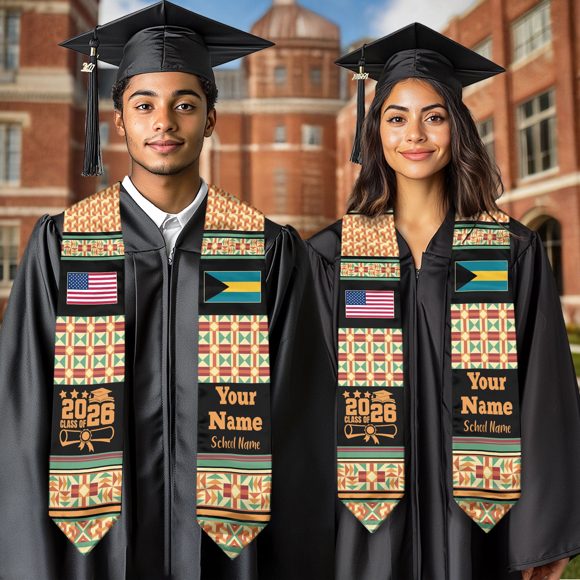 Customized Bahamas Graduation Stole Featuring Island Flag Motif, Graduation Sash for Class of 2026