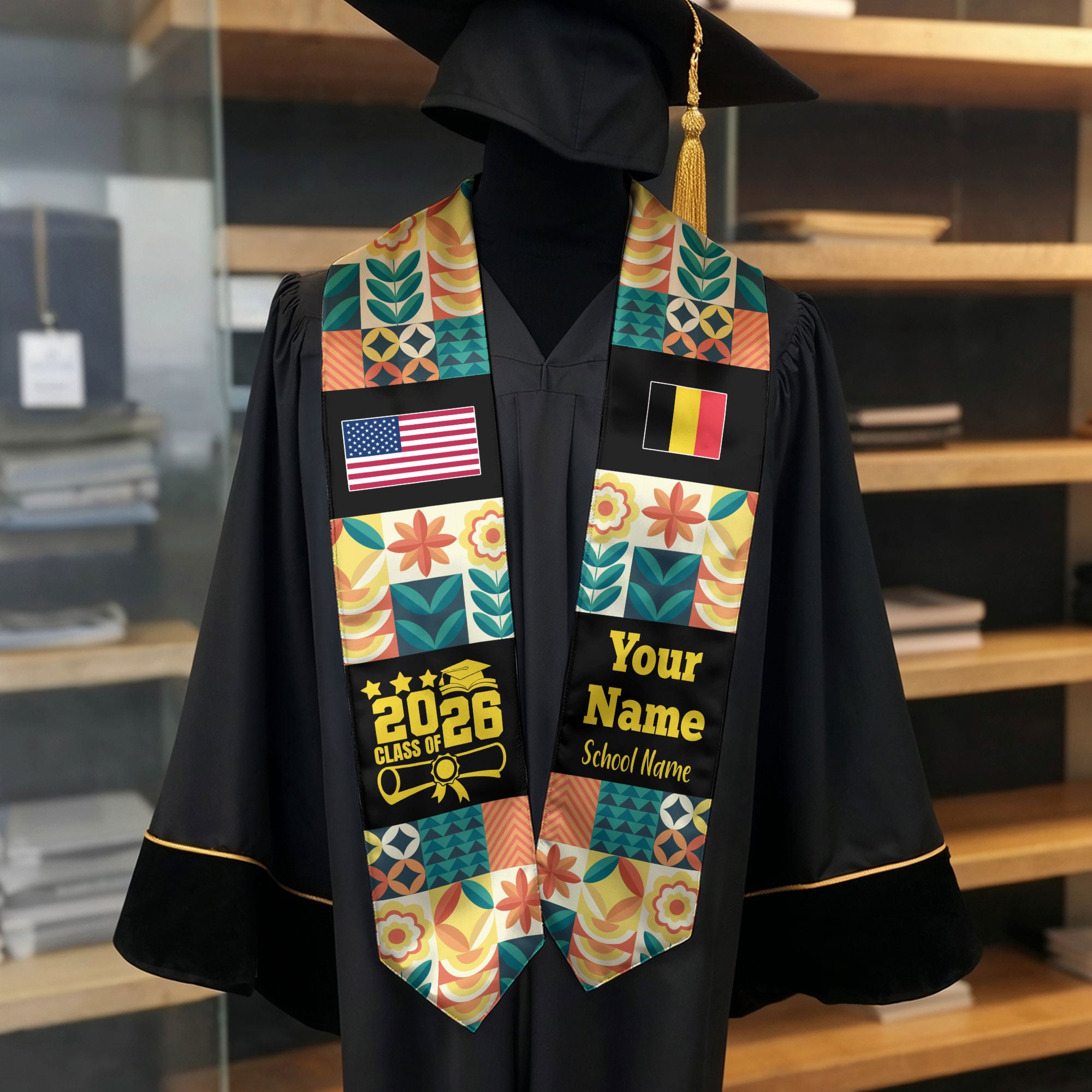 Customized Belgium Graduation Stole Featuring National Flag Motif, Graduation Sash for Class of 2026