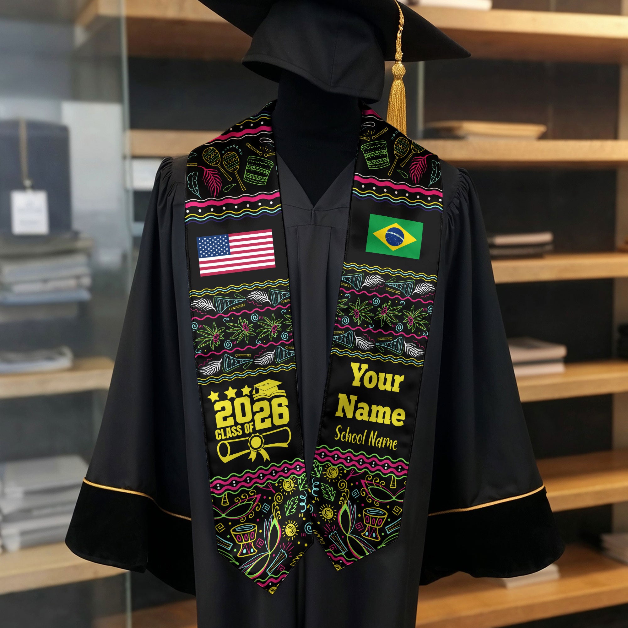 Customized Brazil Graduation Stole Featuring National Flag Motif, Graduation Sash for Class of 2026