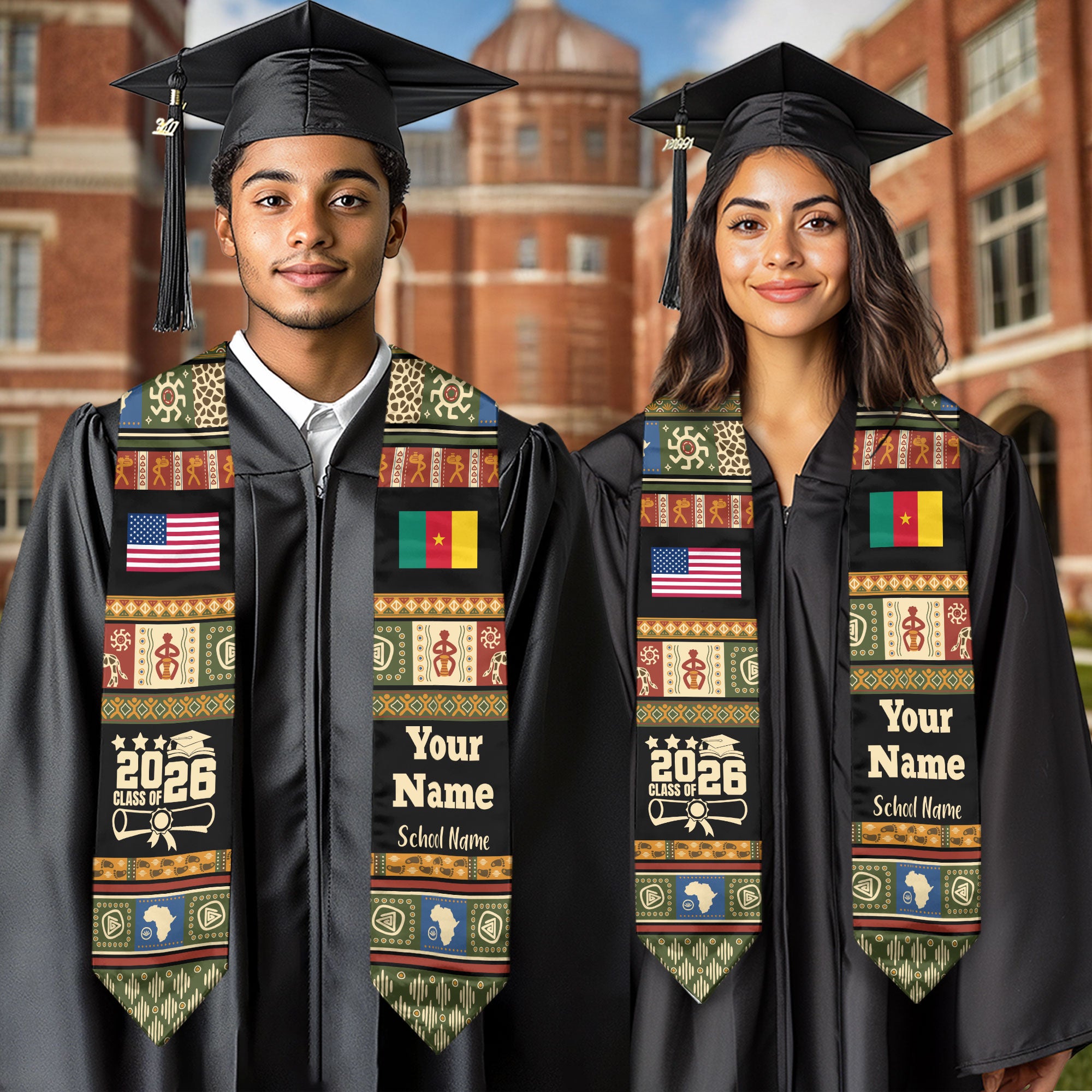 Customized Cameroon Graduation Stole Featuring National Flag Motif, Graduation Sash for Class of 2026