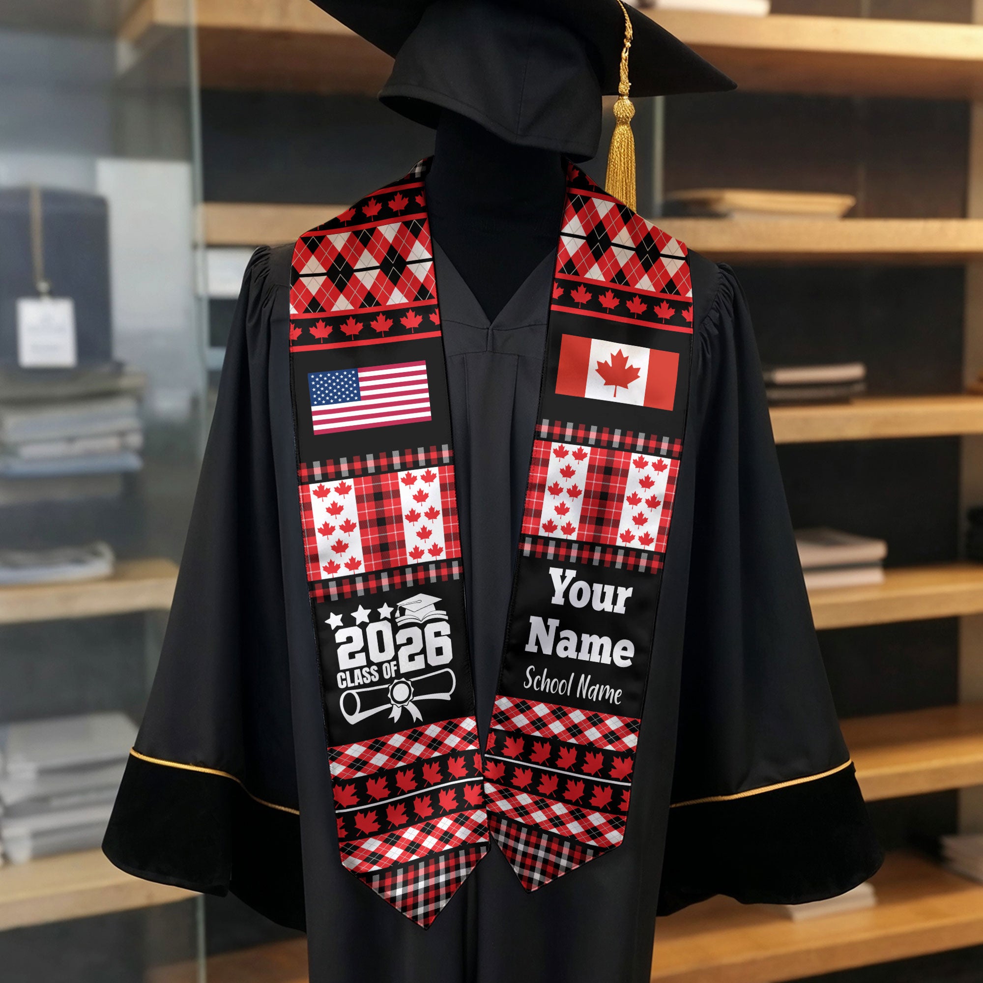 Customized Canada Graduation Stole Featuring National Flag Motif, Graduation Sash for Class of 2026