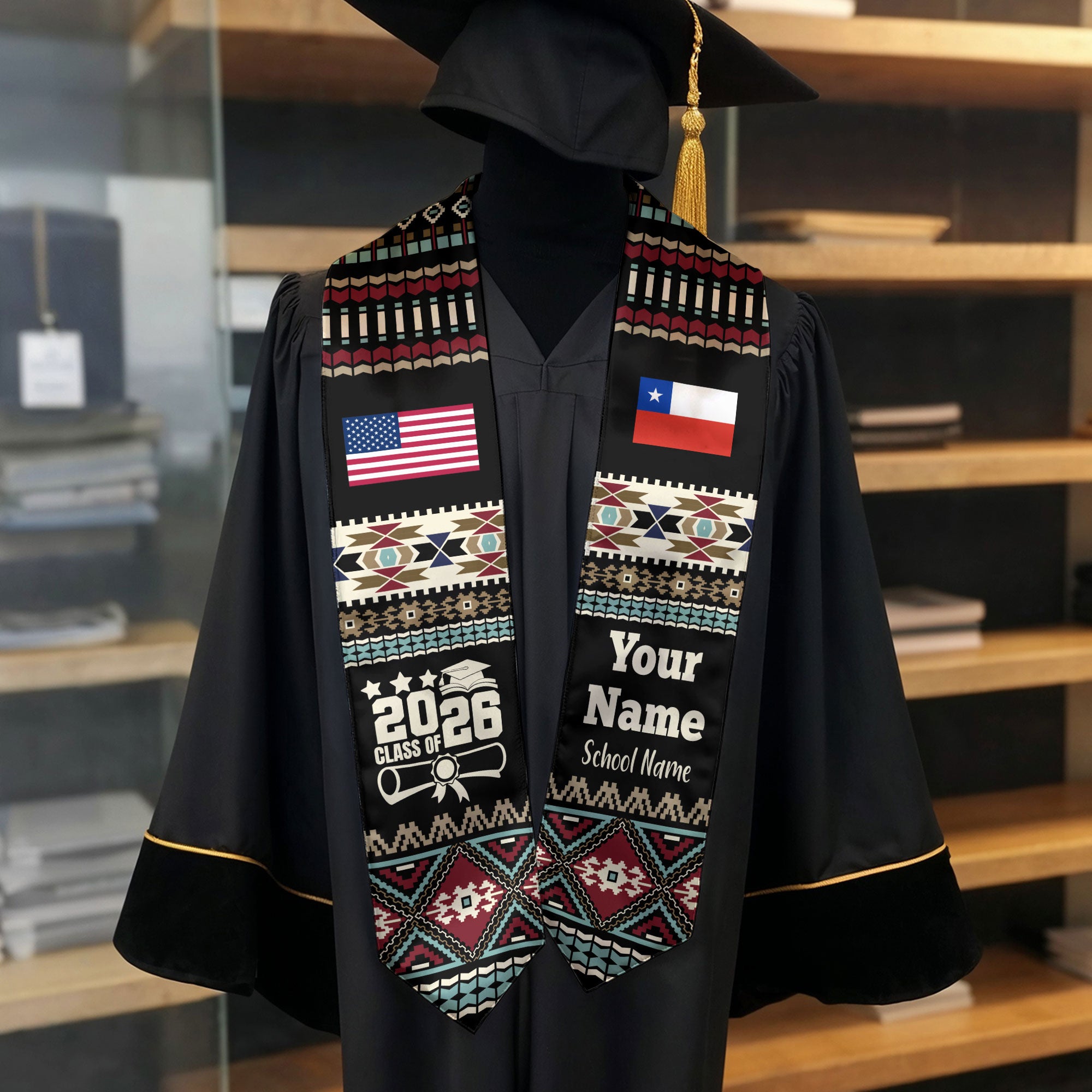 Customized Chile Graduation Stole Featuring National Flag Motif, Graduation Sash for Class of 2026
