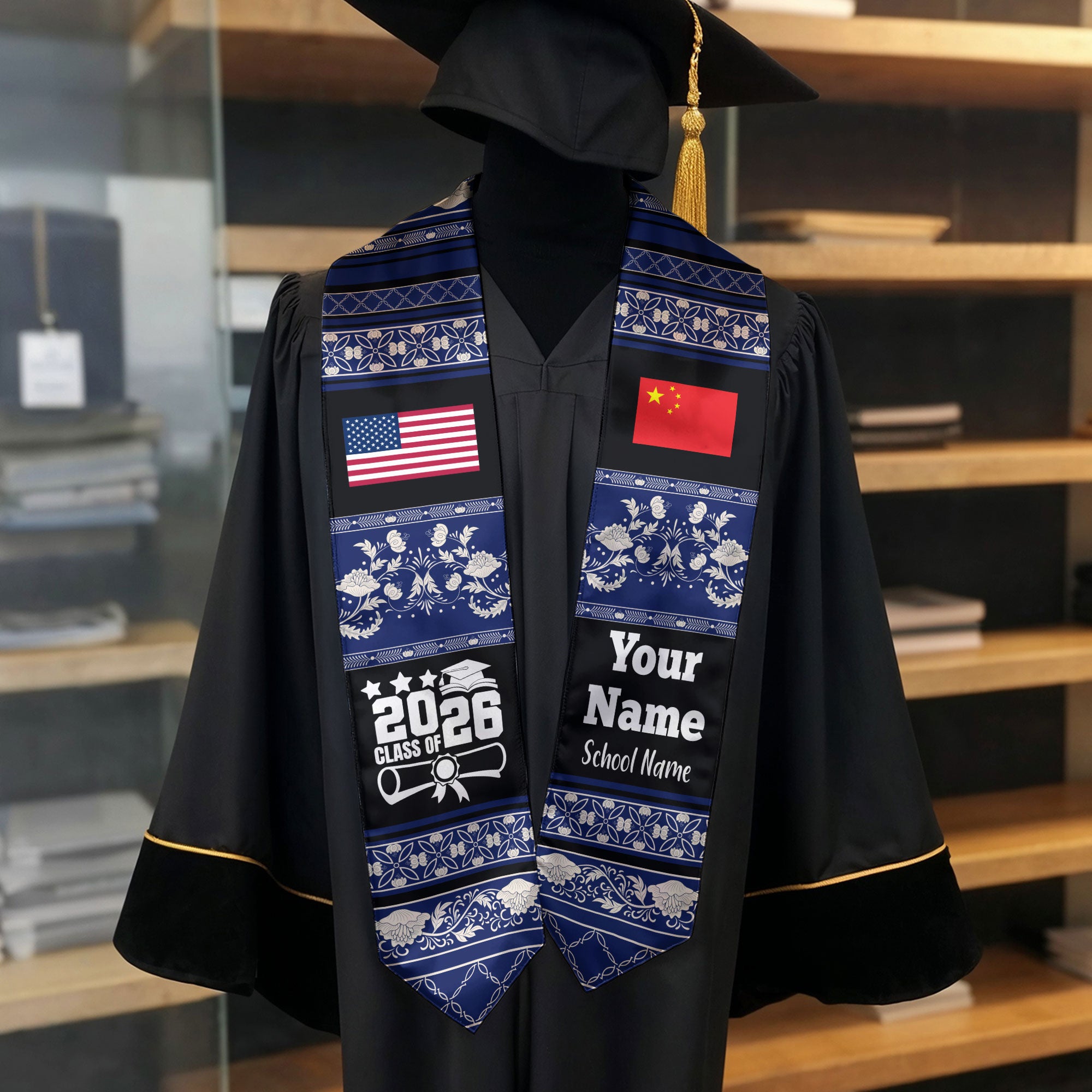 Customized China Graduation Stole Featuring National Flag Motif, Graduation Sash for Class of 2026
