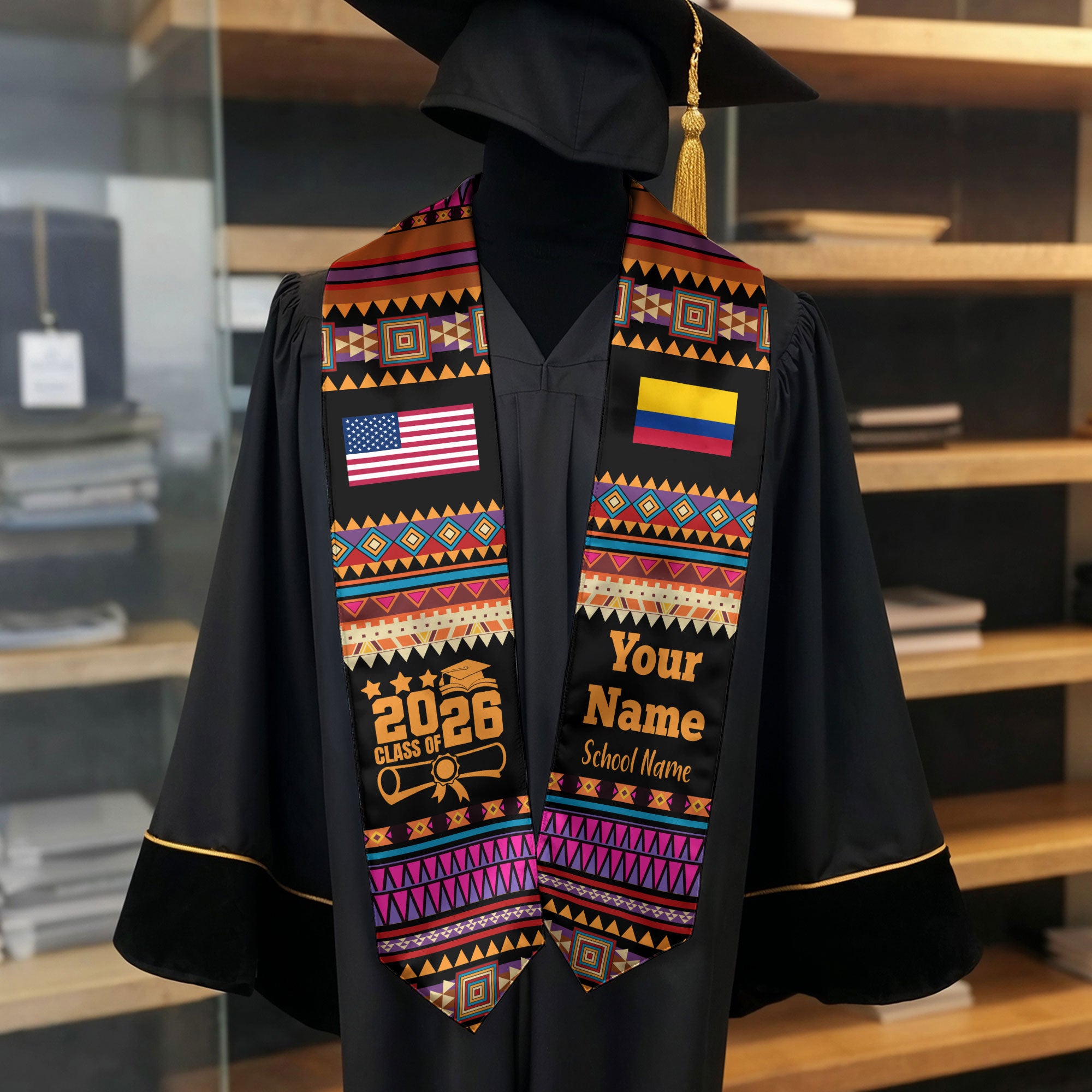 Customized Colombia Graduation Stole Featuring National Flag Motif, Graduation Sash for Class of 2026