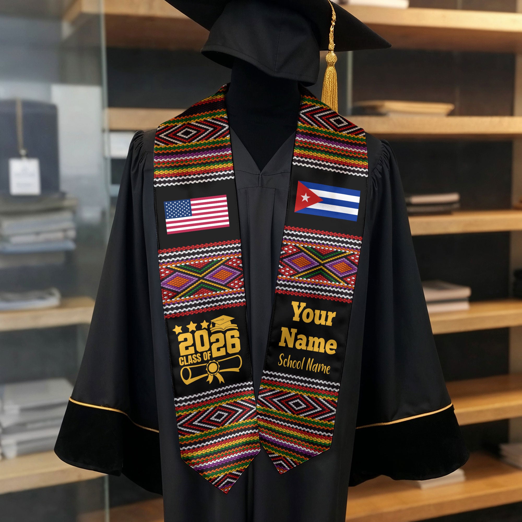 Customized Cuba Graduation Stole Featuring National Flag Motif, Graduation Sash for Class of 2026