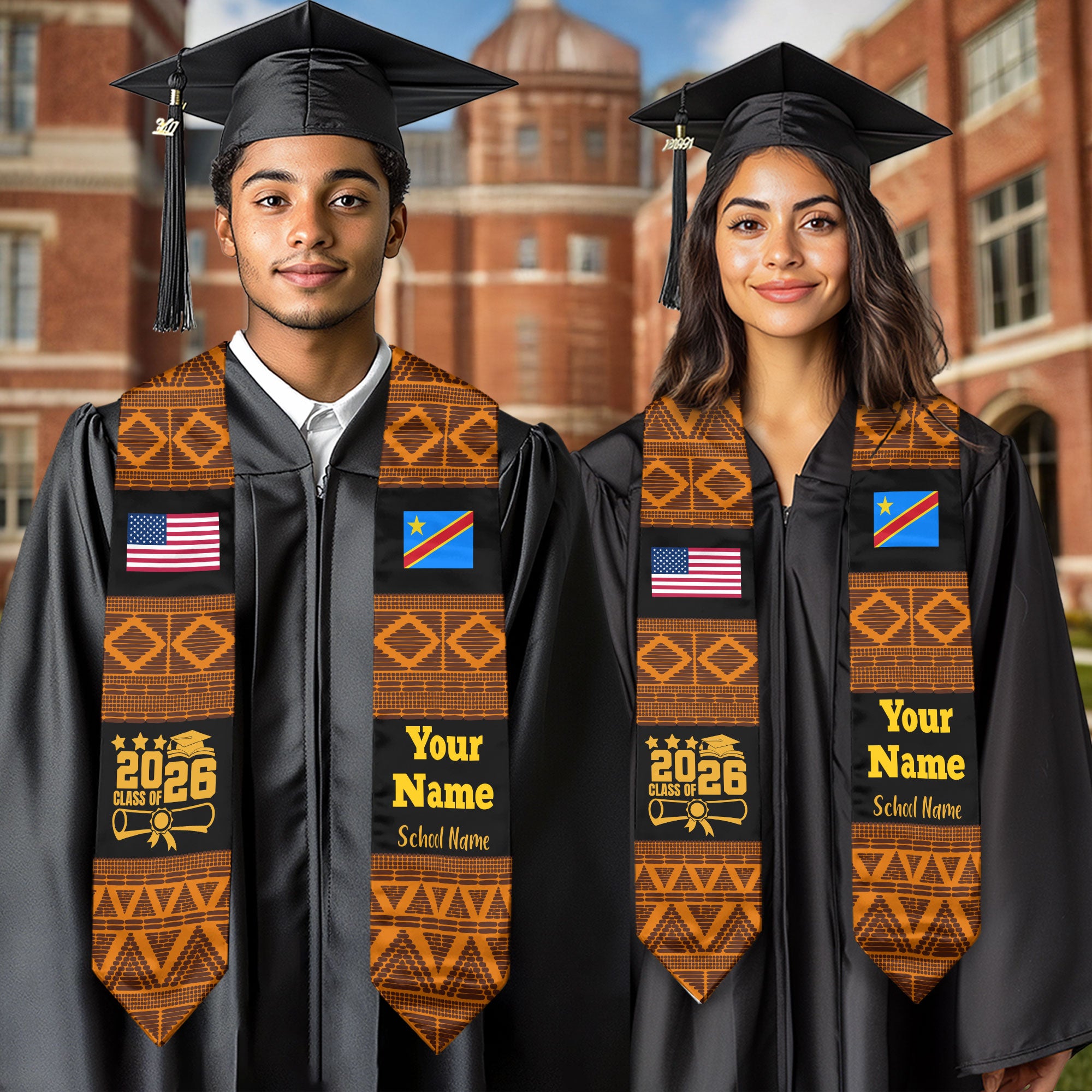Customized DR Congo Graduation Stole Featuring National Flag Motif, Graduation Sash for Class of 2026