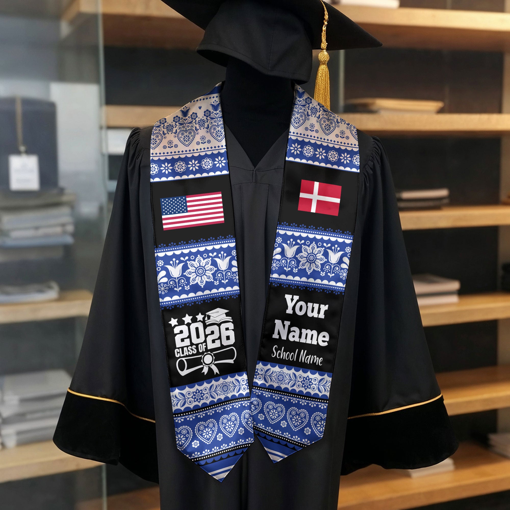 Customized Denmark Graduation Stole Featuring National Flag Motif, Graduation Sash for Class of 2026