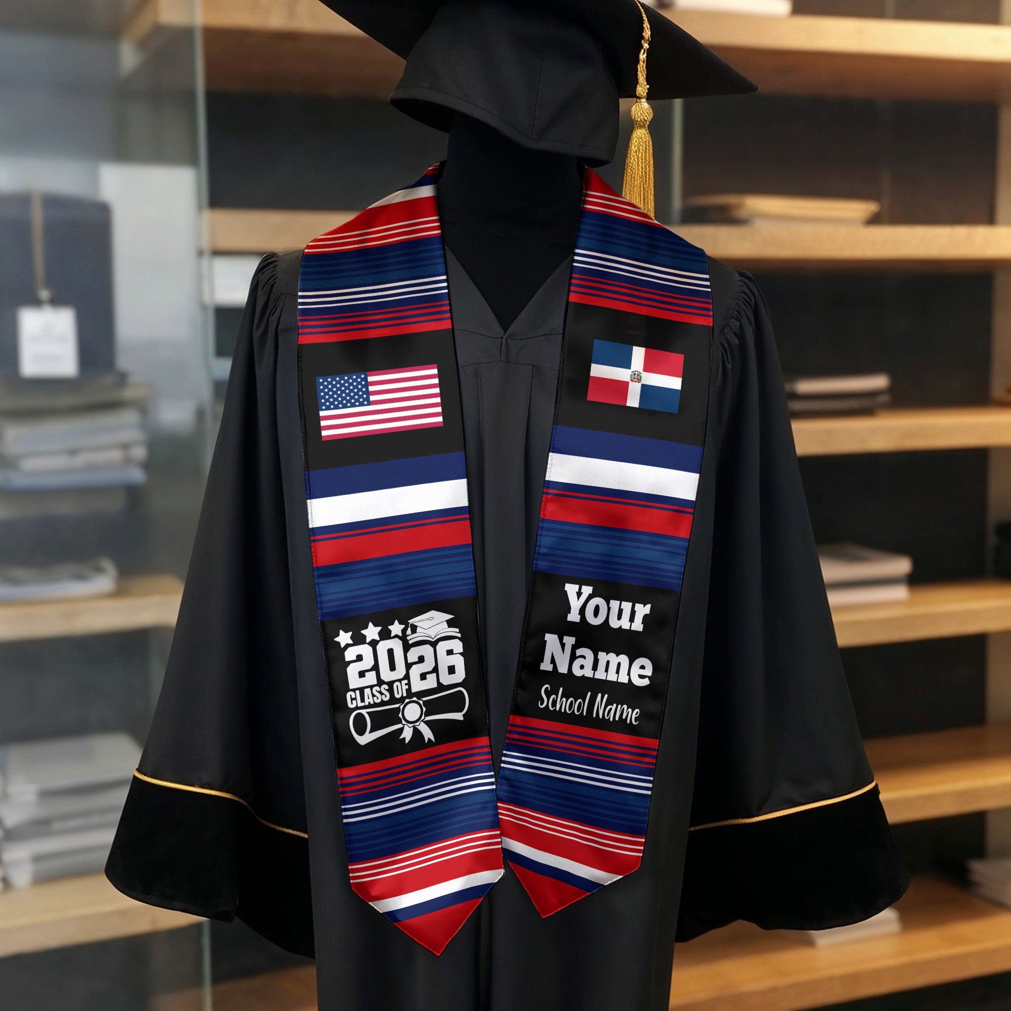 Customized Dominican Republic Graduation Stole Featuring Flag Motif, Graduation Sash for Class of 2026