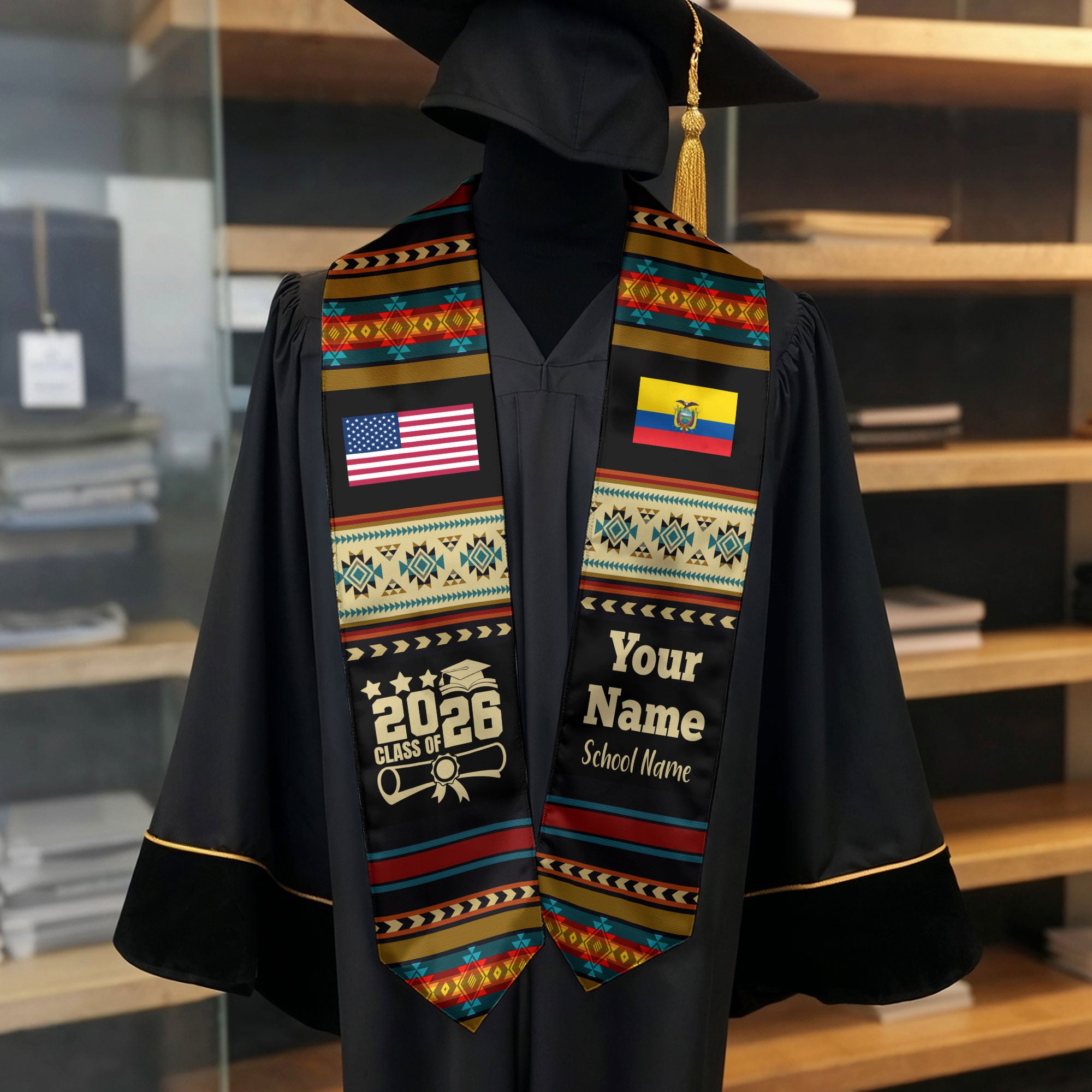 Customized Ecuador Graduation Stole Featuring National Flag Motif, Graduation Sash for Class of 2026