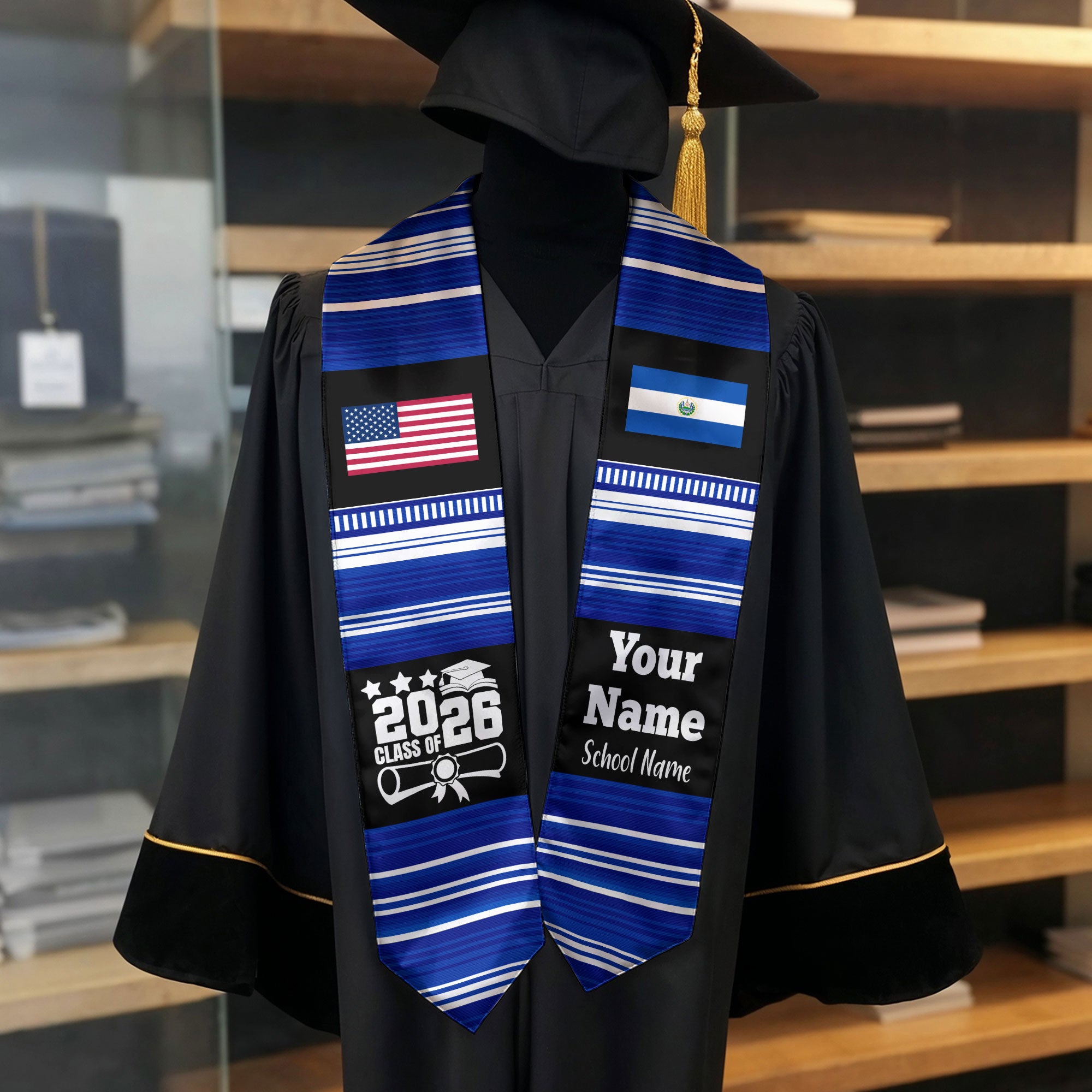 Customized El Salvador Graduation Stole Featuring National Flag Motif, Graduation Sash for Class of 2026