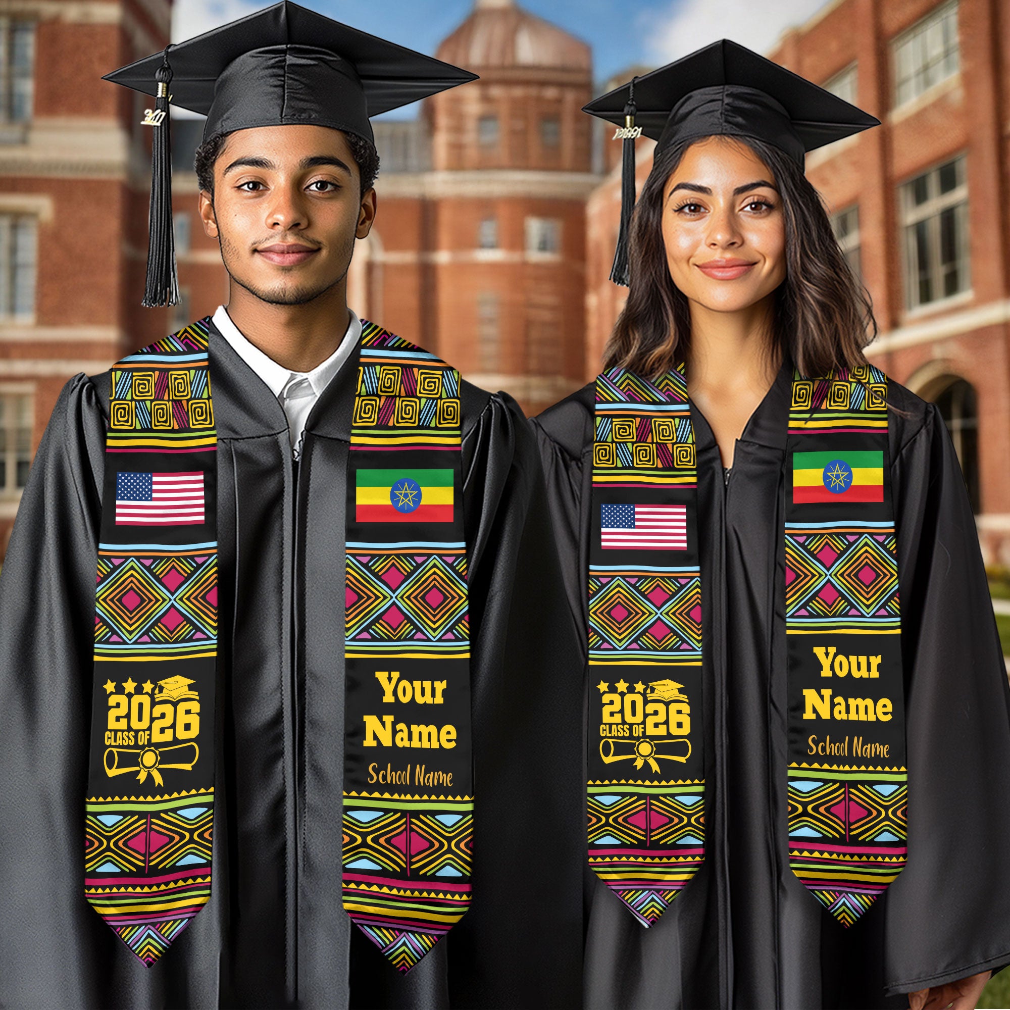 Customized Ethiopia Graduation Stole Featuring National Flag Motif, Graduation Sash for Class of 2026