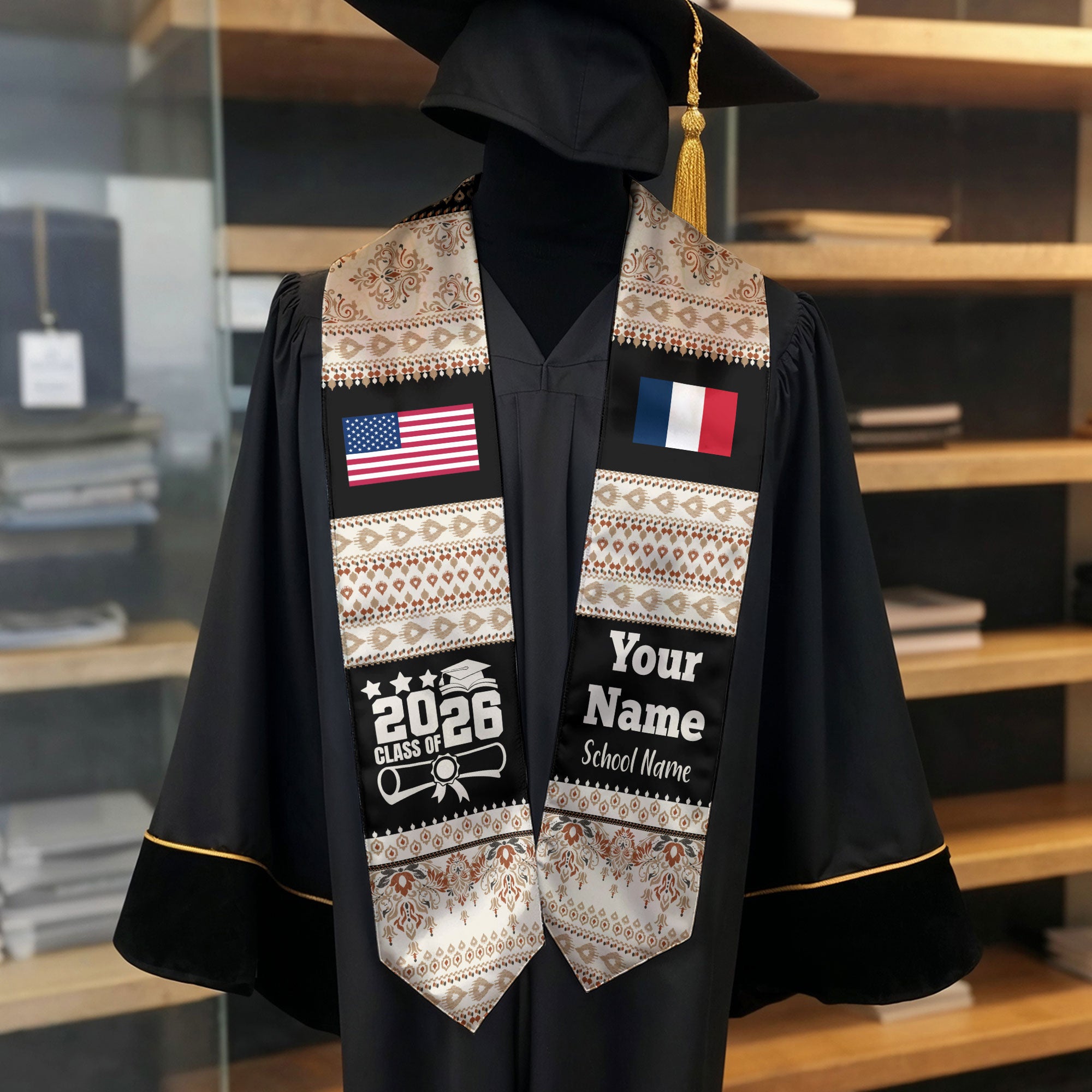 Customized France Graduation Stole Featuring National Flag Motif, Graduation Sash for Class of 2026