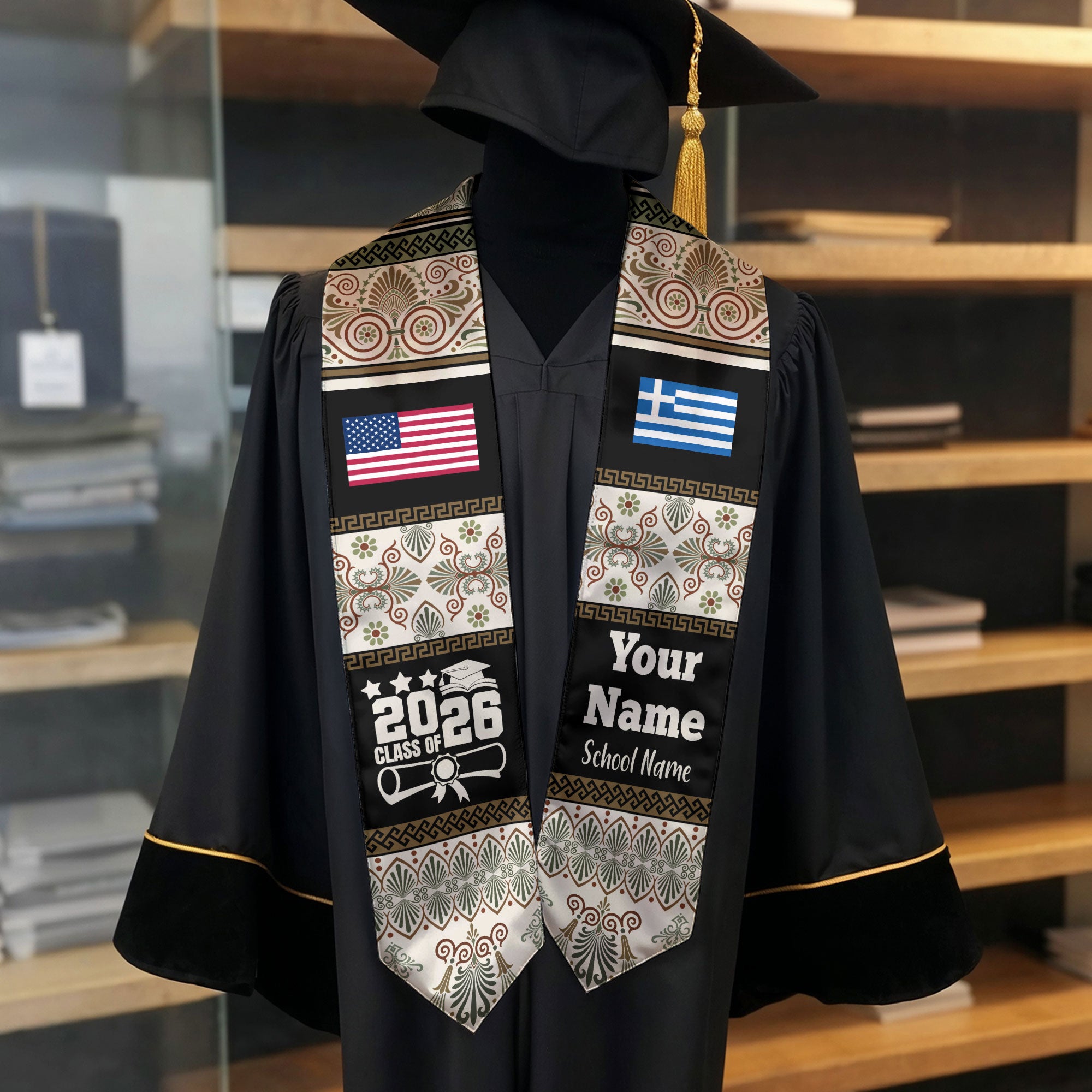 Customized Greece Graduation Stole Featuring National Flag Motif, Graduation Sash for Class of 2026