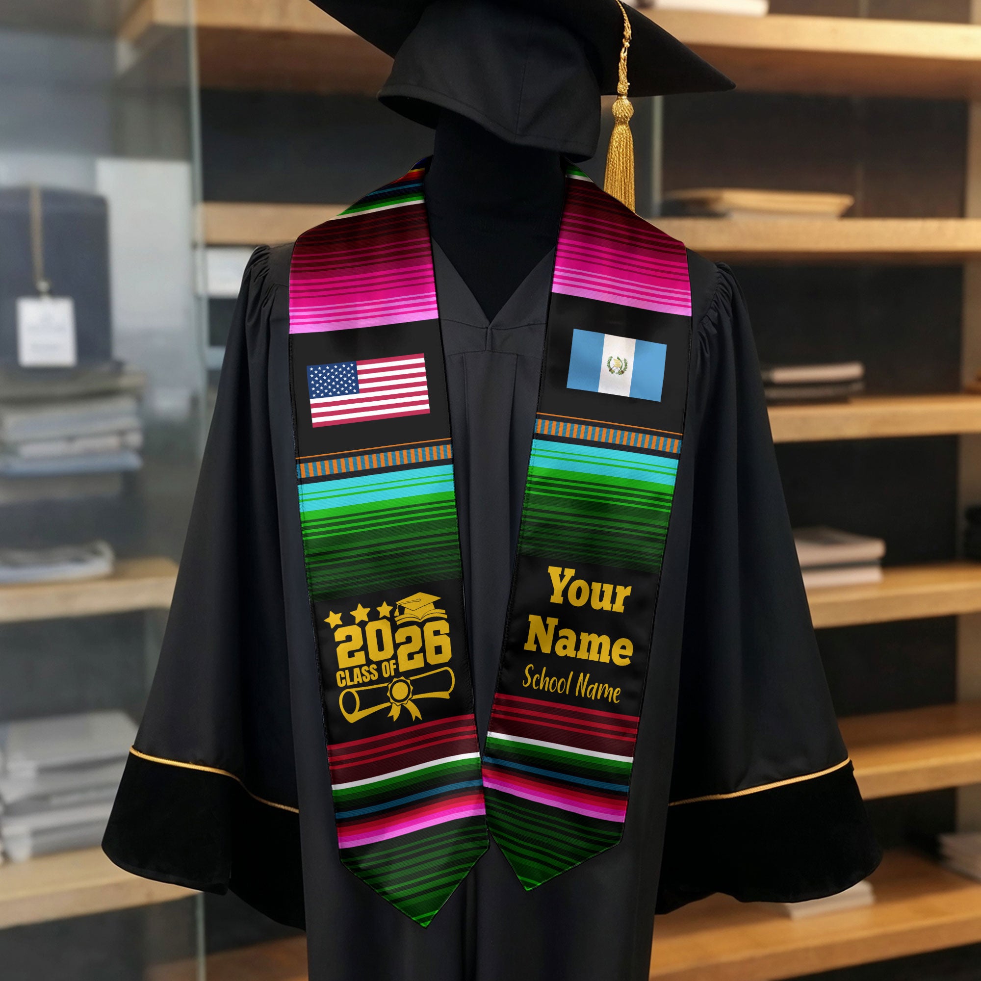 Customized Guatemala Graduation Stole Featuring National Flag Motif, Graduation Sash for Class of 2026