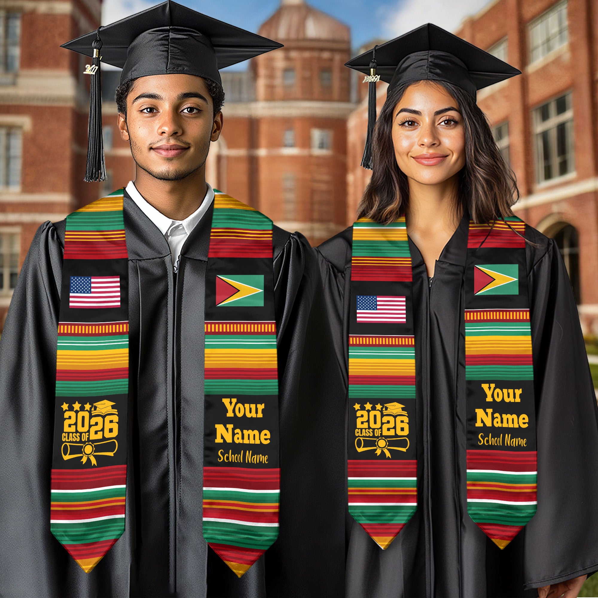 Customized Guyana Graduation Stole Featuring National Flag Motif, Graduation Sash for Class of 2026