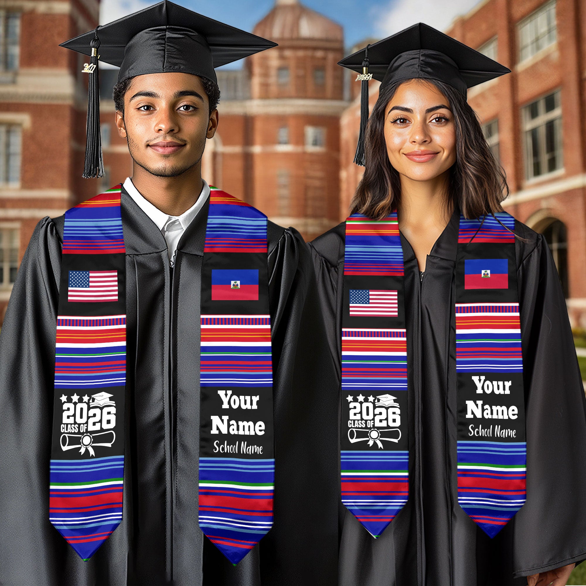 Customized Haiti Graduation Stole Featuring National Flag Motif, Graduation Sash for Class of 2026