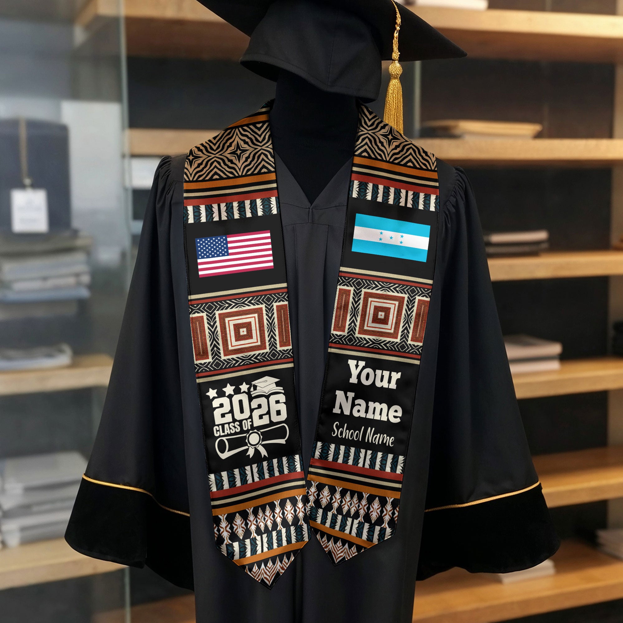 Customized Honduras Graduation Stole Featuring National Flag Motif, Graduation Sash for Class of 2026
