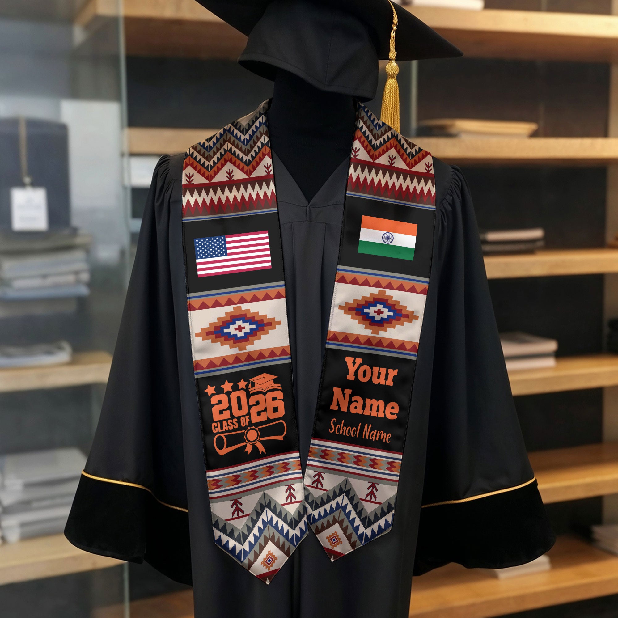 Customized India Graduation Stole Featuring National Flag Motif, Graduation Sash for Class of 2026