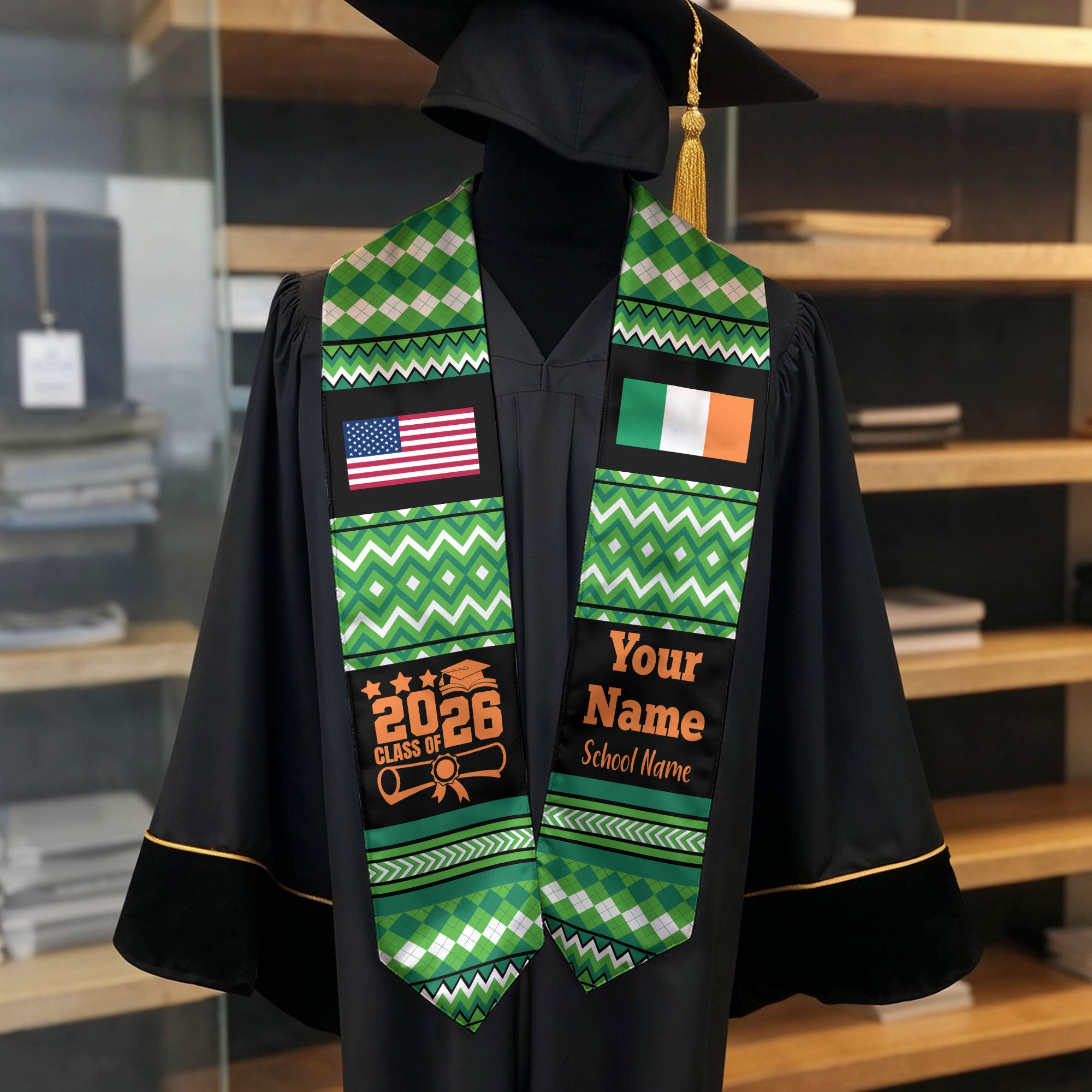 Customized Ireland Graduation Stole Featuring National Flag Motif, Graduation Sash for Class of 2026