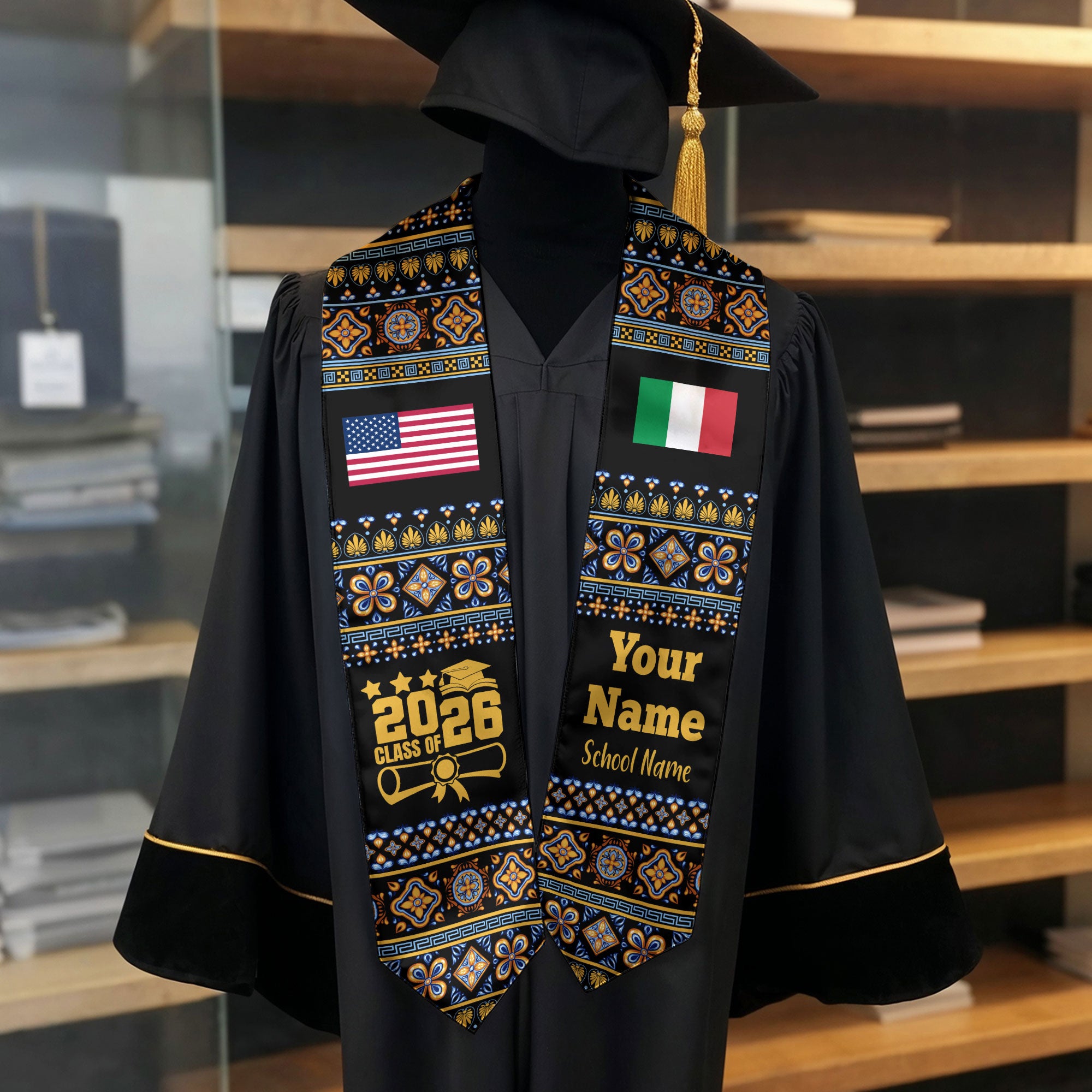 Customized Italy Graduation Stole Featuring National Flag Motif, Graduation Sash for Class of 2026