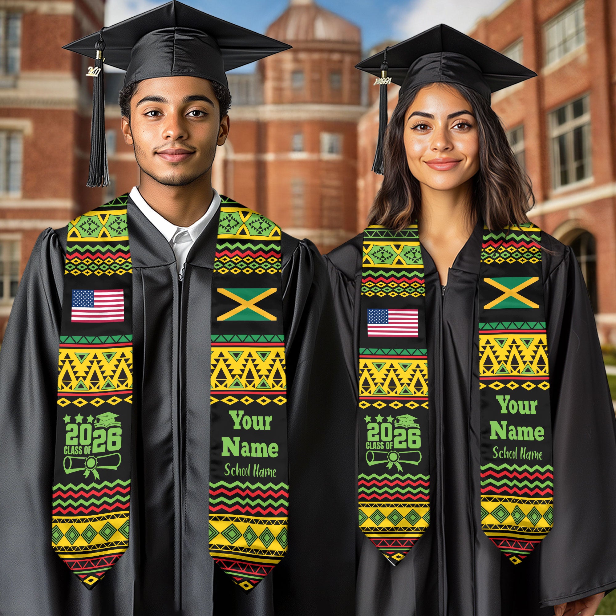 Customized Jamaica Graduation Stole Featuring National Flag Motif, Graduation Sash for Class of 2026