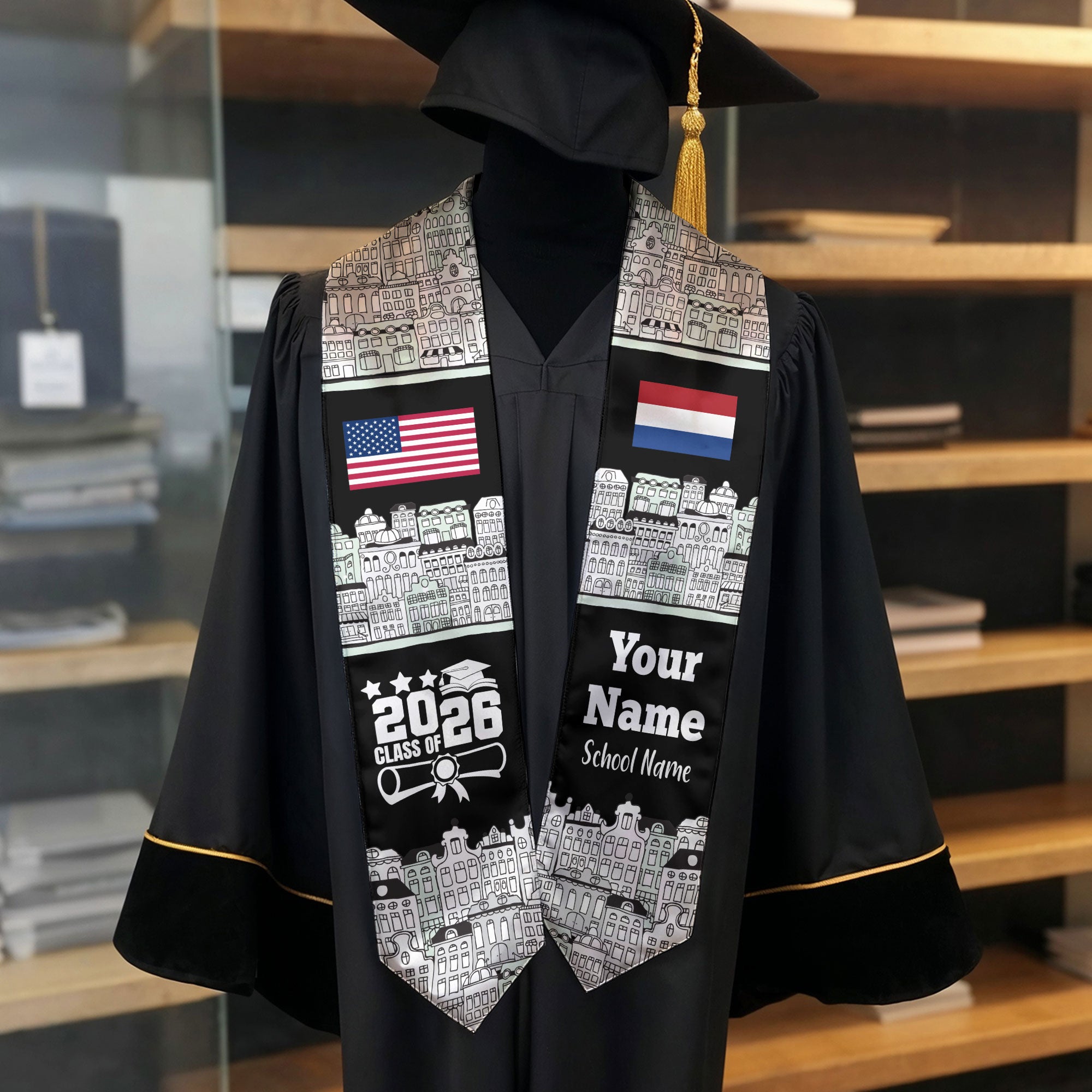 Customized Netherlands Graduation Stole Featuring National Flag Motif, Graduation Sash for Class of 2026
