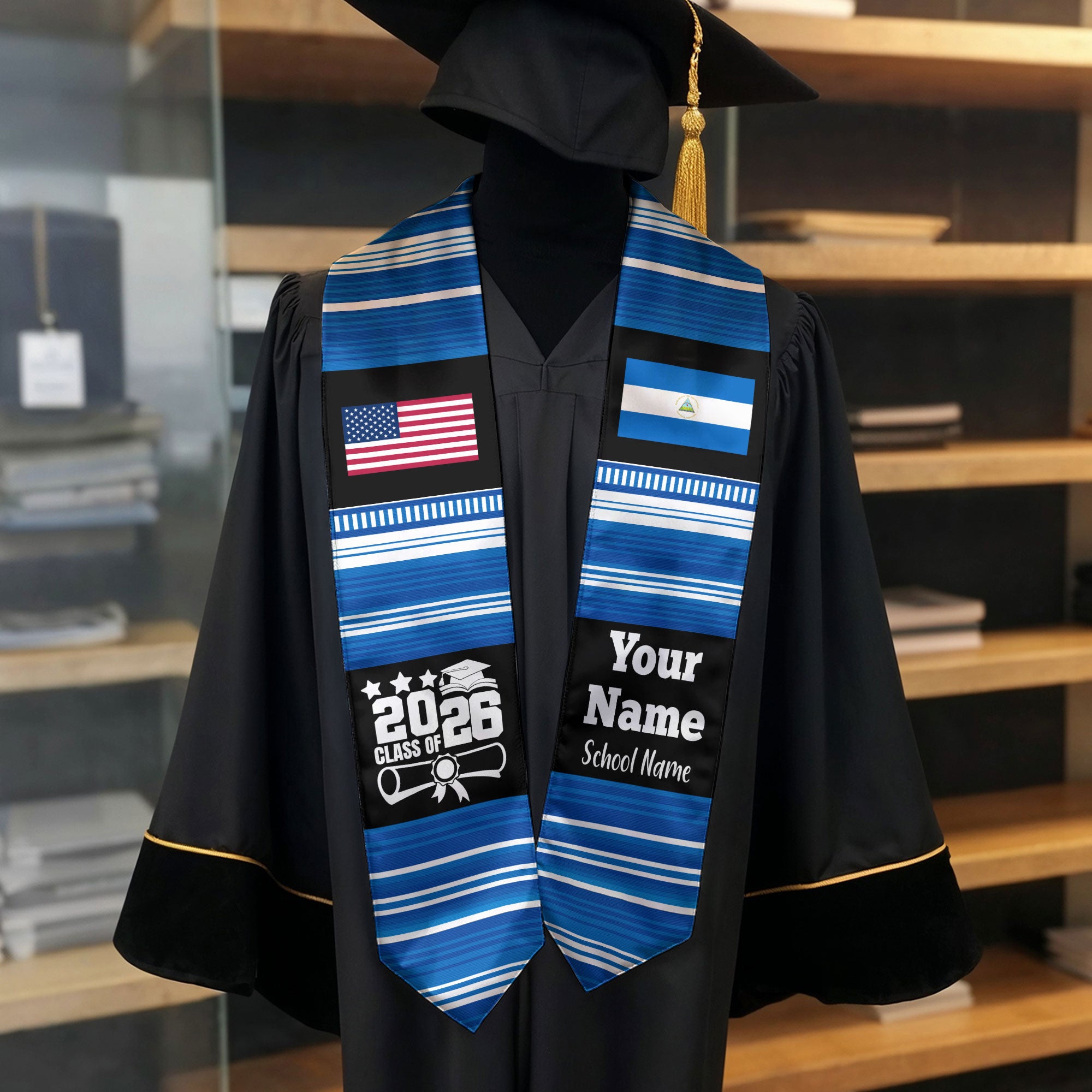 Customized Nicaragua Graduation Stole Featuring National Flag Motif, Graduation Sash for Class of 2026