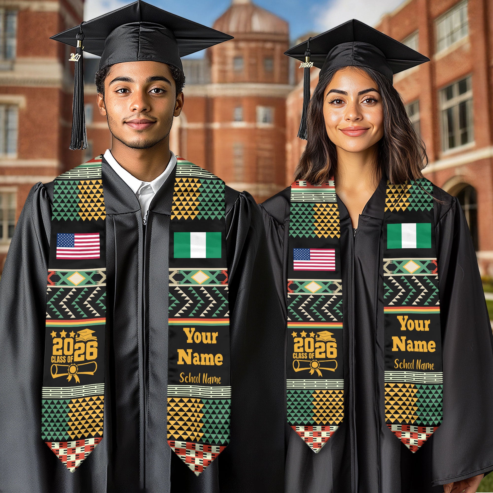 Customized Nigeria Graduation Stole Featuring National Flag Motif, Graduation Sash for Class of 2026