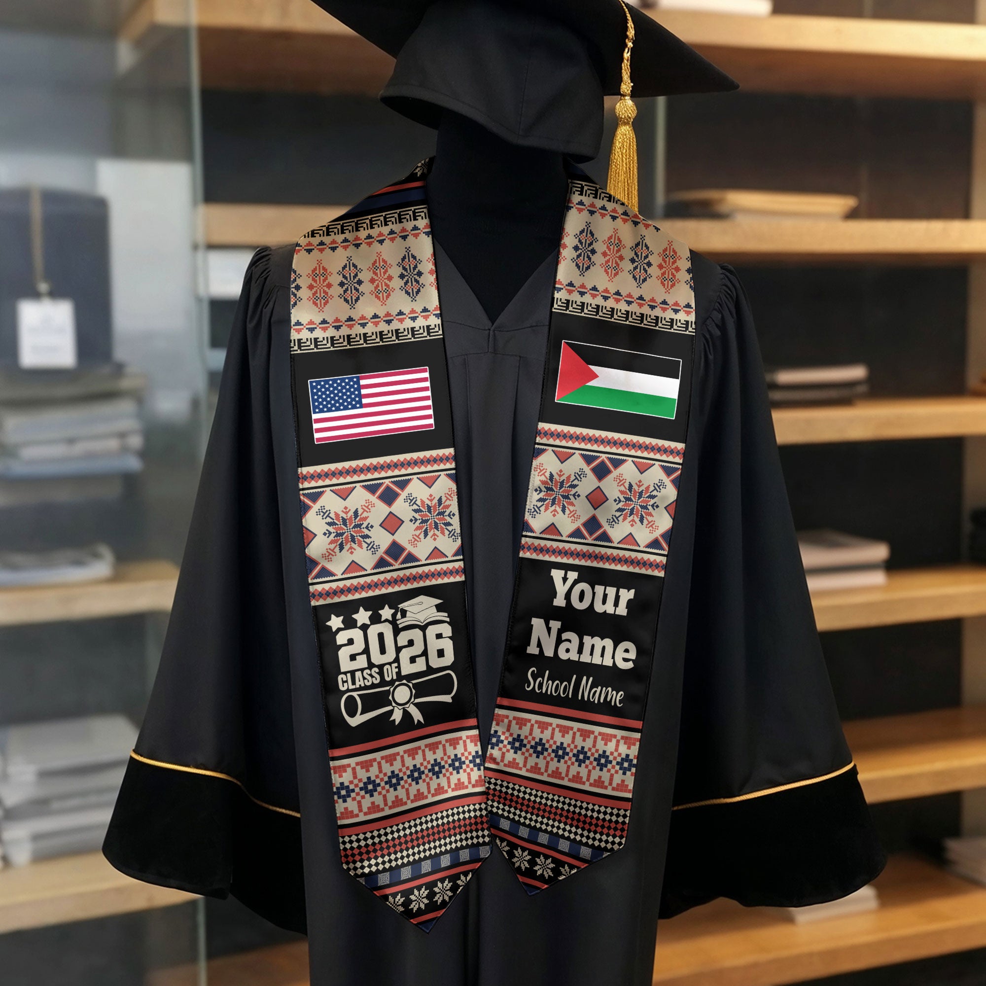 Customized Palestine Graduation Stole Featuring National Flag Motif, Graduation Sash for Class of 2026