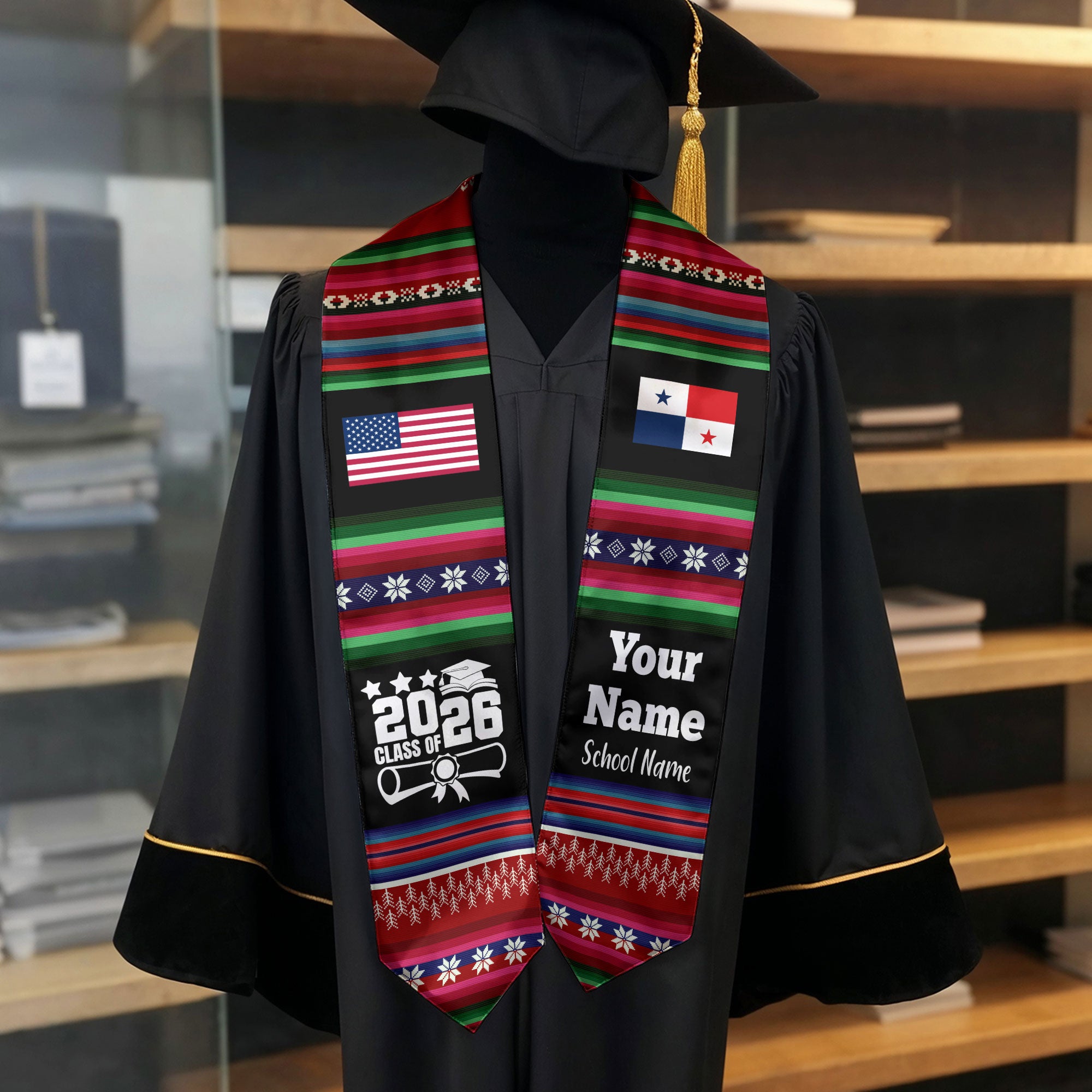 Customized Panama Graduation Stole Featuring National Flag Motif, Graduation Sash for Class of 2026