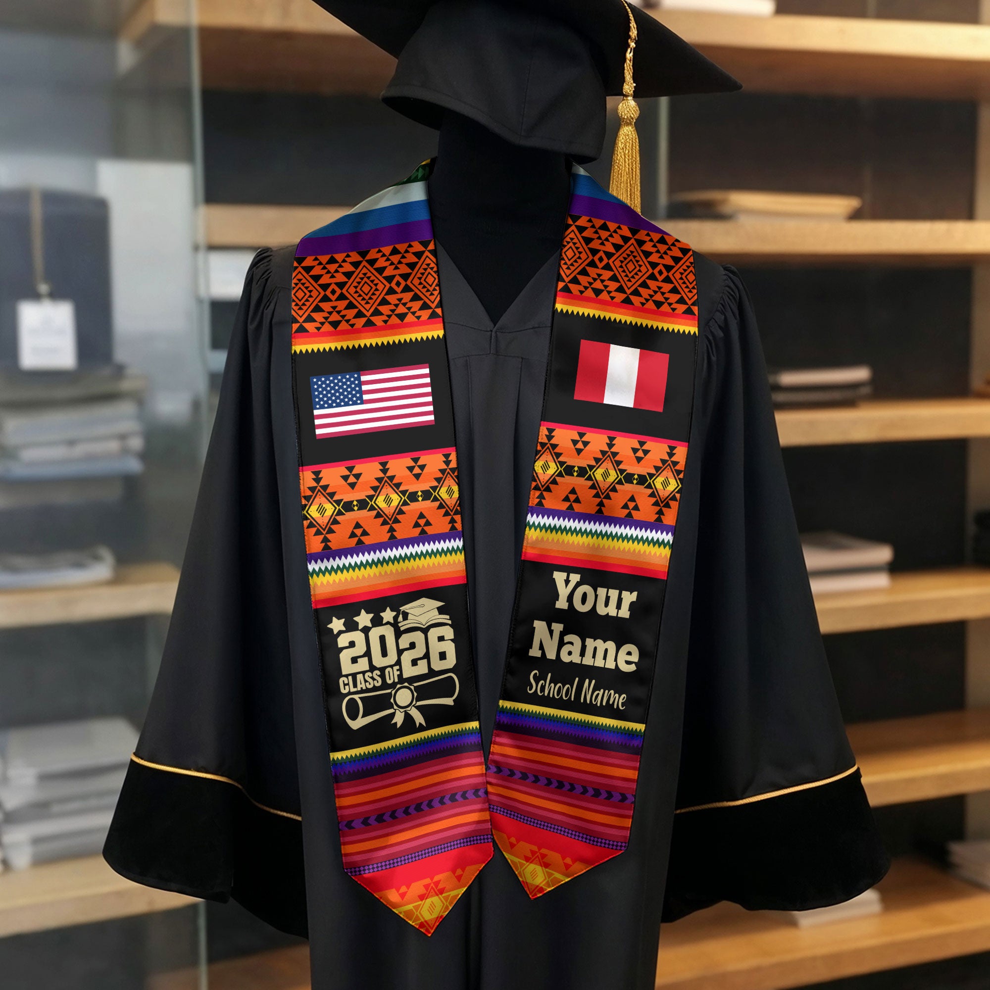 Customized Peru Graduation Stole Featuring National Flag Motif, Graduation Sash for Class of 2026
