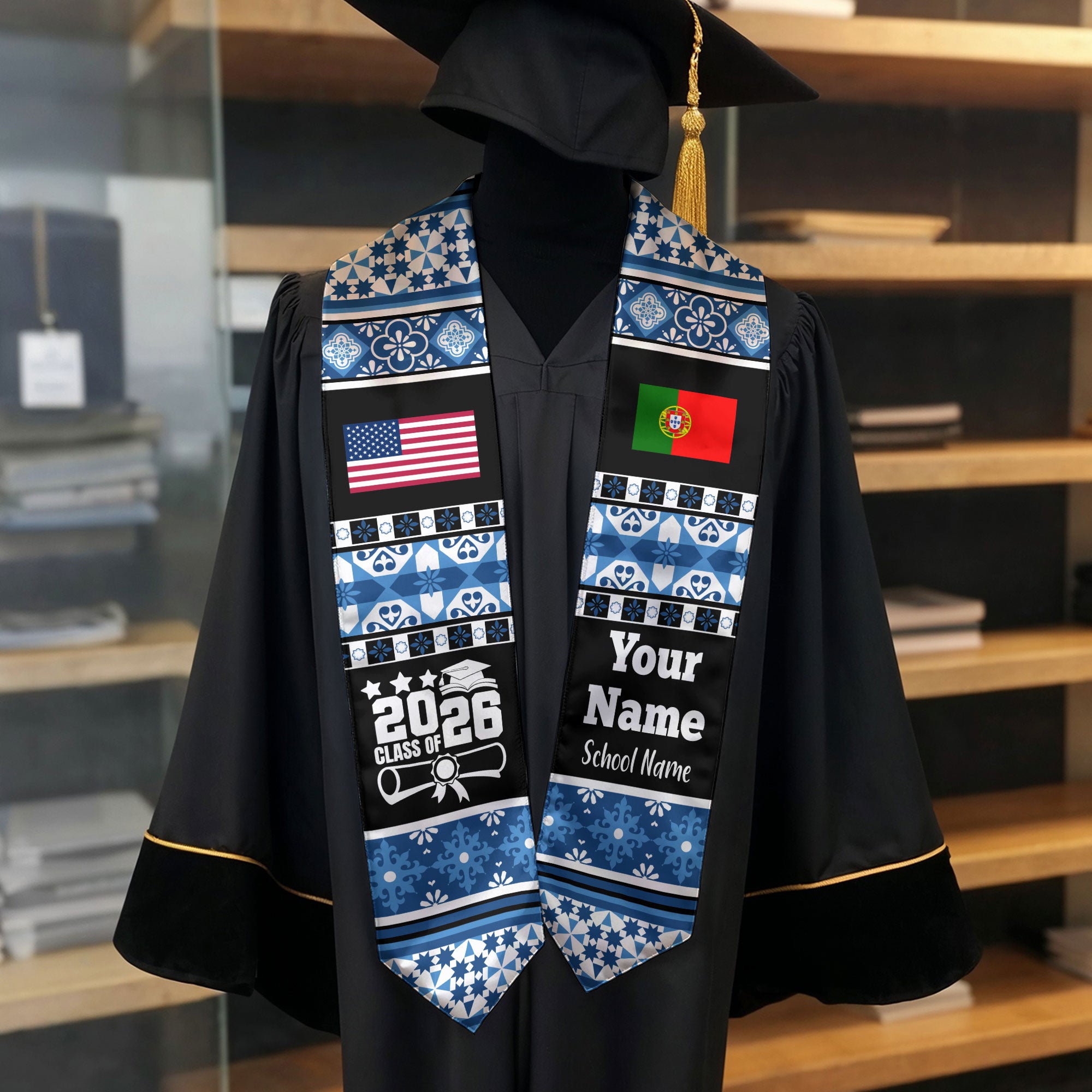 Customized Portugal Graduation Stole Featuring National Flag Motif, Graduation Sash for Class of 2026