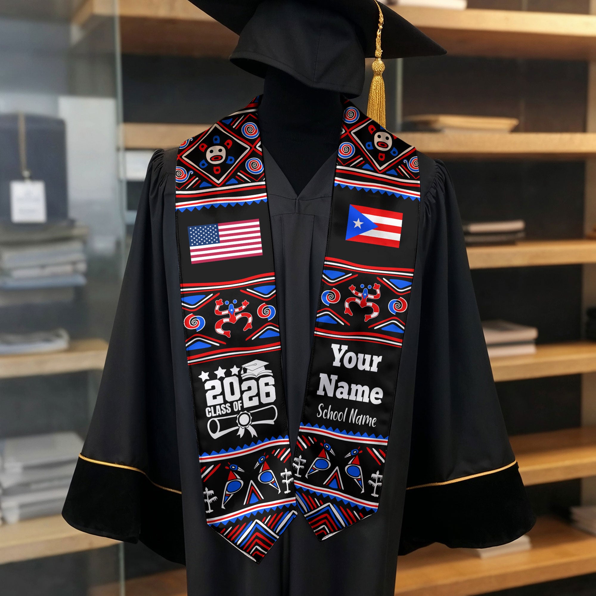 Customized Puerto Rico Graduation Stole Featuring National Flag Motif, Graduation Sash for Class of 2026