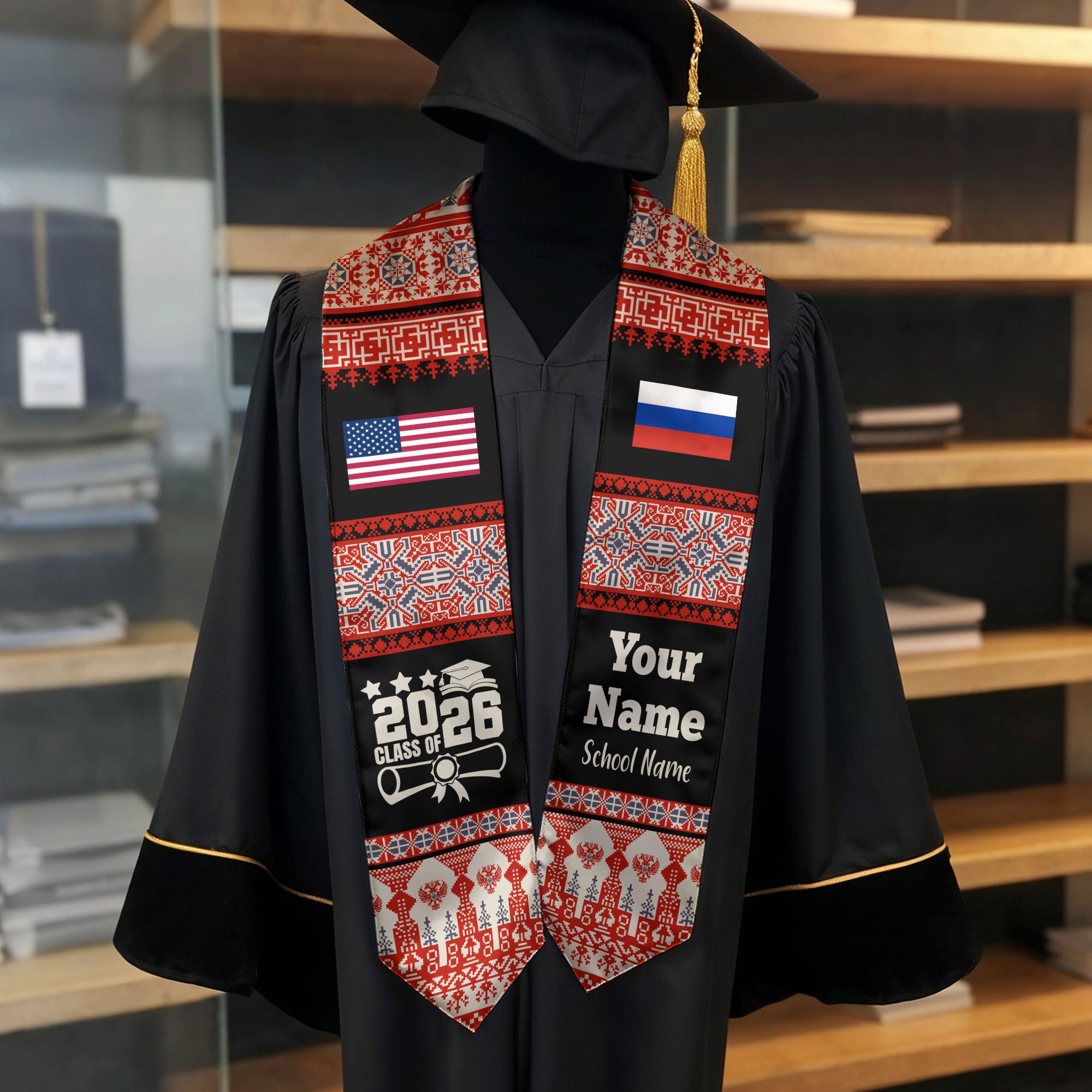 Customized Russia Graduation Stole Featuring National Flag Motif, Graduation Sash for Class of 2026