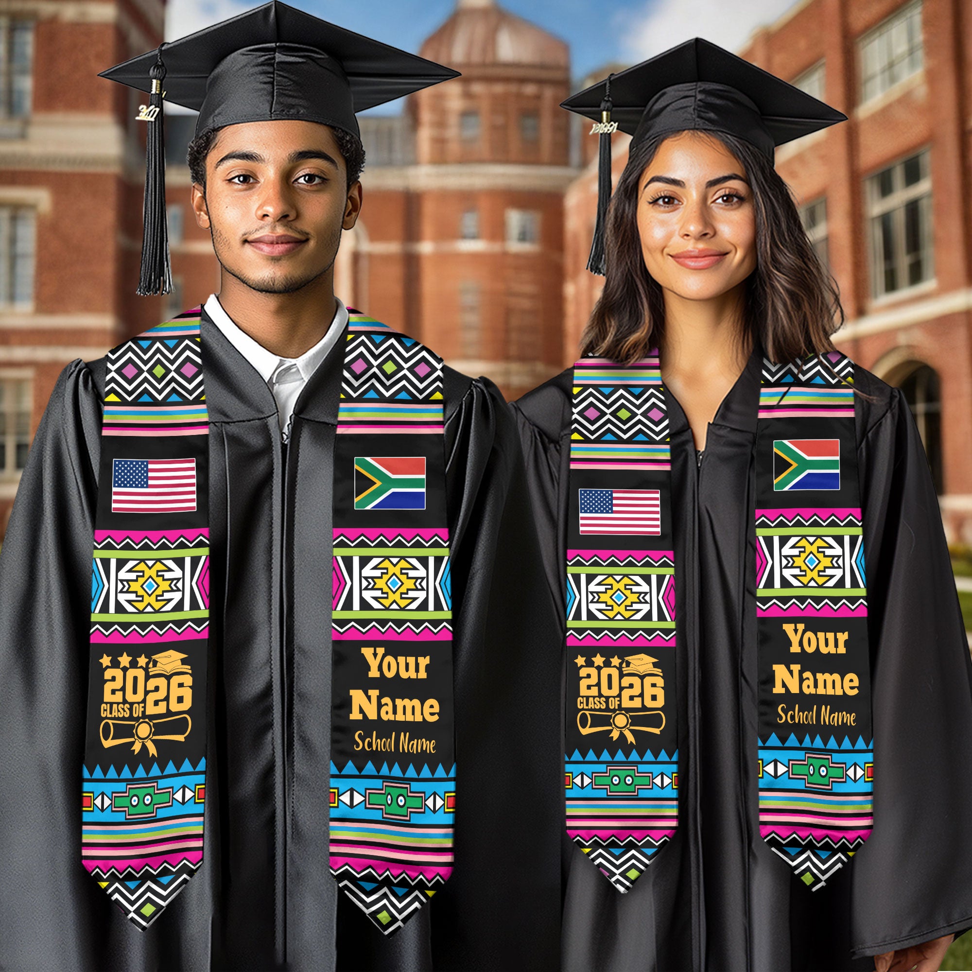 Customized South Africa Graduation Stole Featuring National Flag Motif, Graduation Sash for Class of 2026