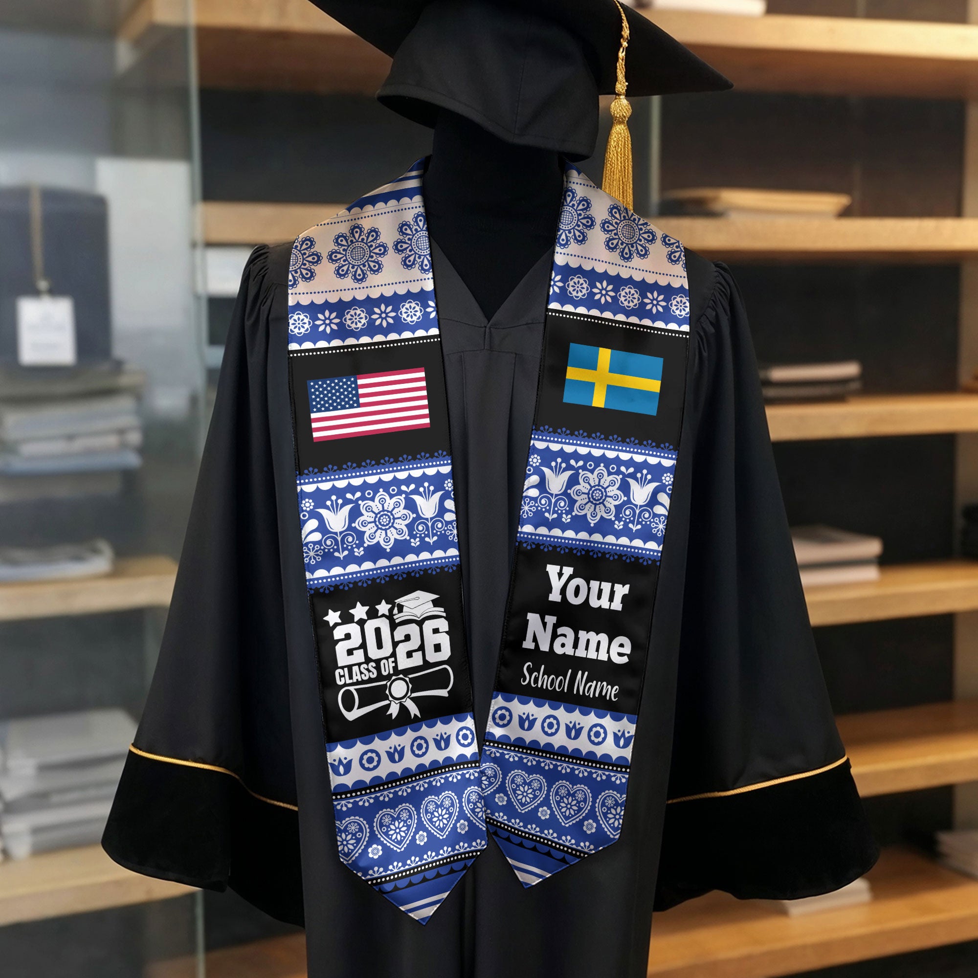 Customized Sweden Graduation Stole Featuring National Flag Motif, Graduation Sash for Class of 2026
