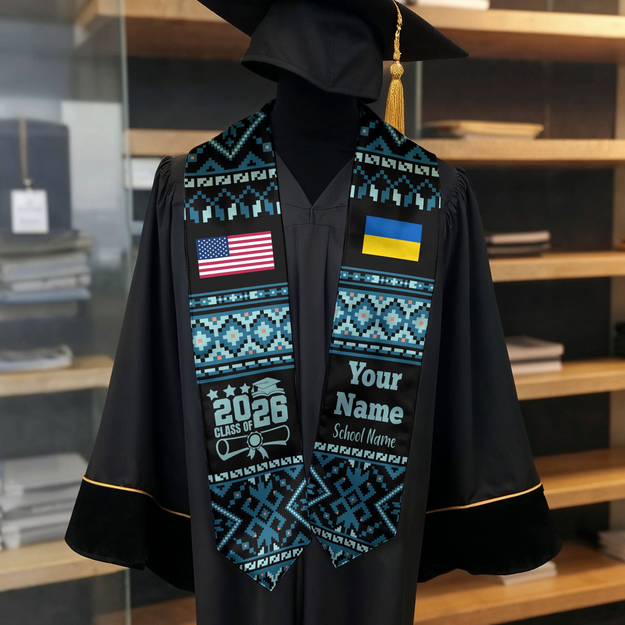 Customized Ukraine Graduation Stole Featuring National Flag Motif, Graduation Sash for Class of 2026