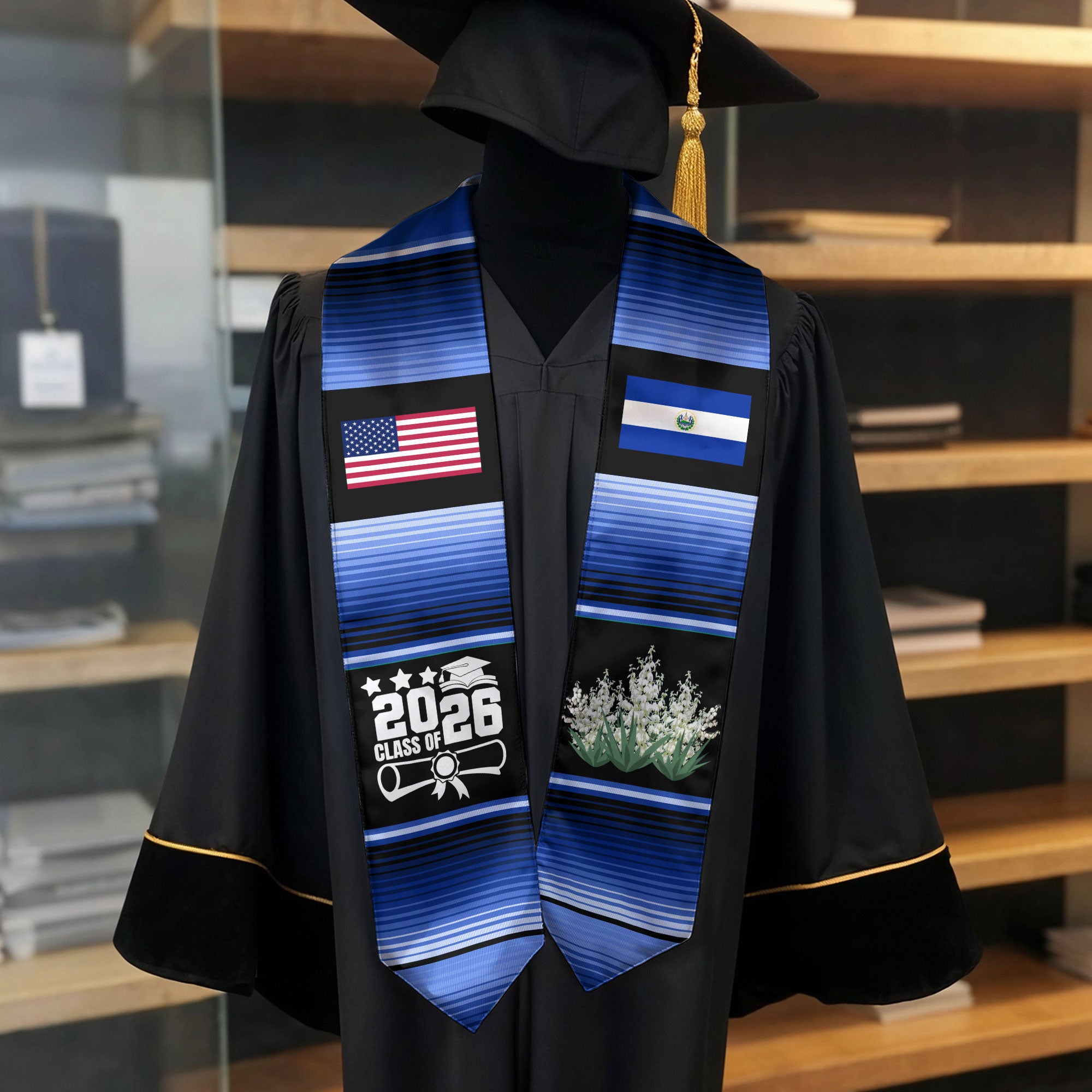 El Salvador Graduation Stole 2026, Salvadoran Flag Graduation Sash, Classic Academic Stole for Graduates
