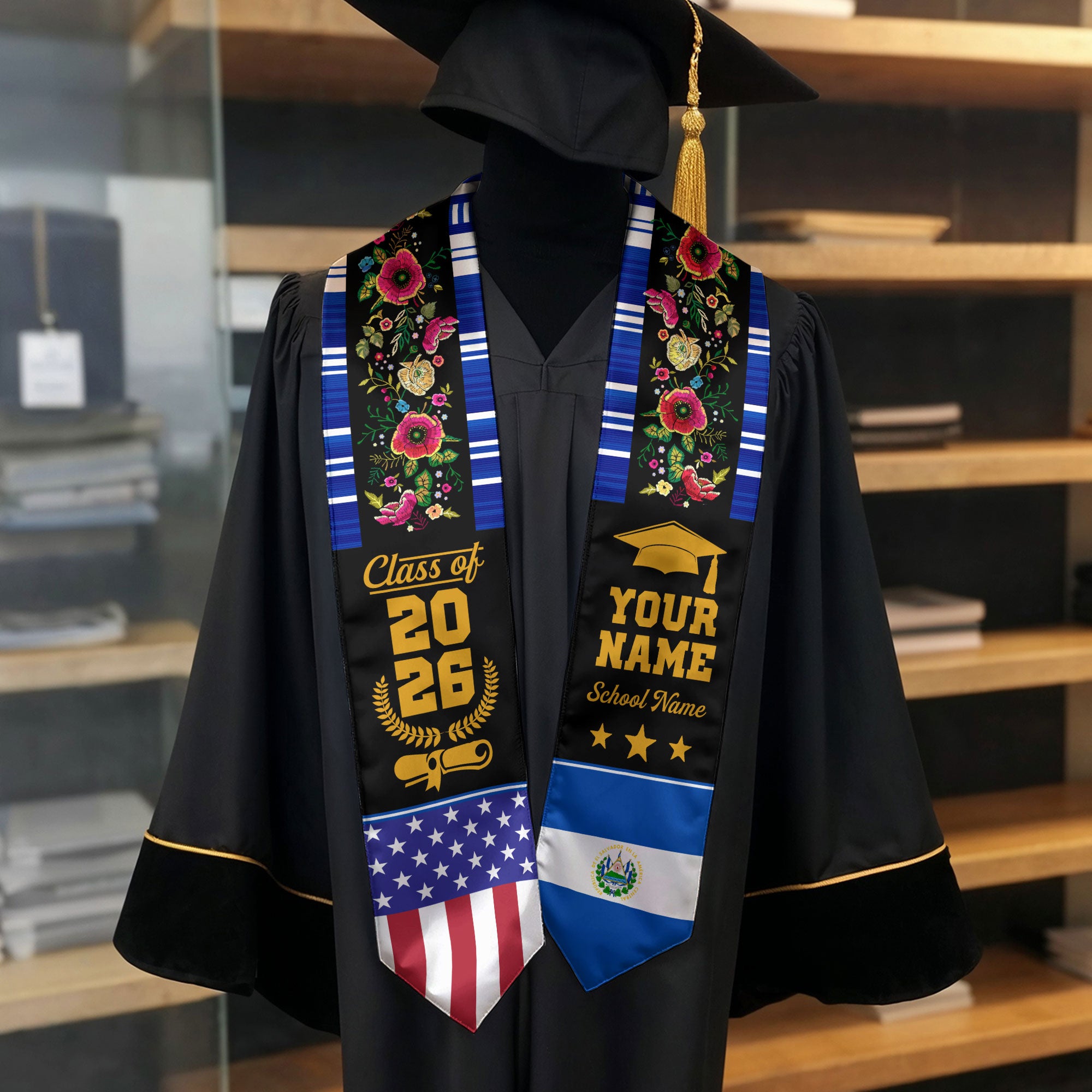 El Salvador Graduation Stole 2026, El Salvador Flag Sash, Custom Detail Option