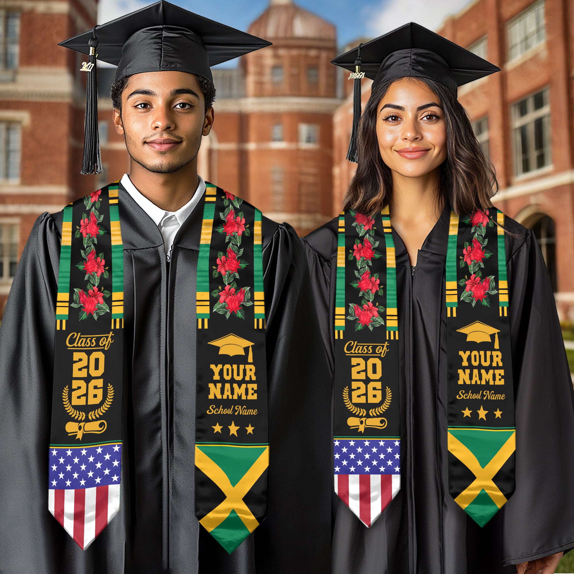 Jamaica Graduation Stole 2026, Jamaican Flag Sash, Add Your Personal Detail