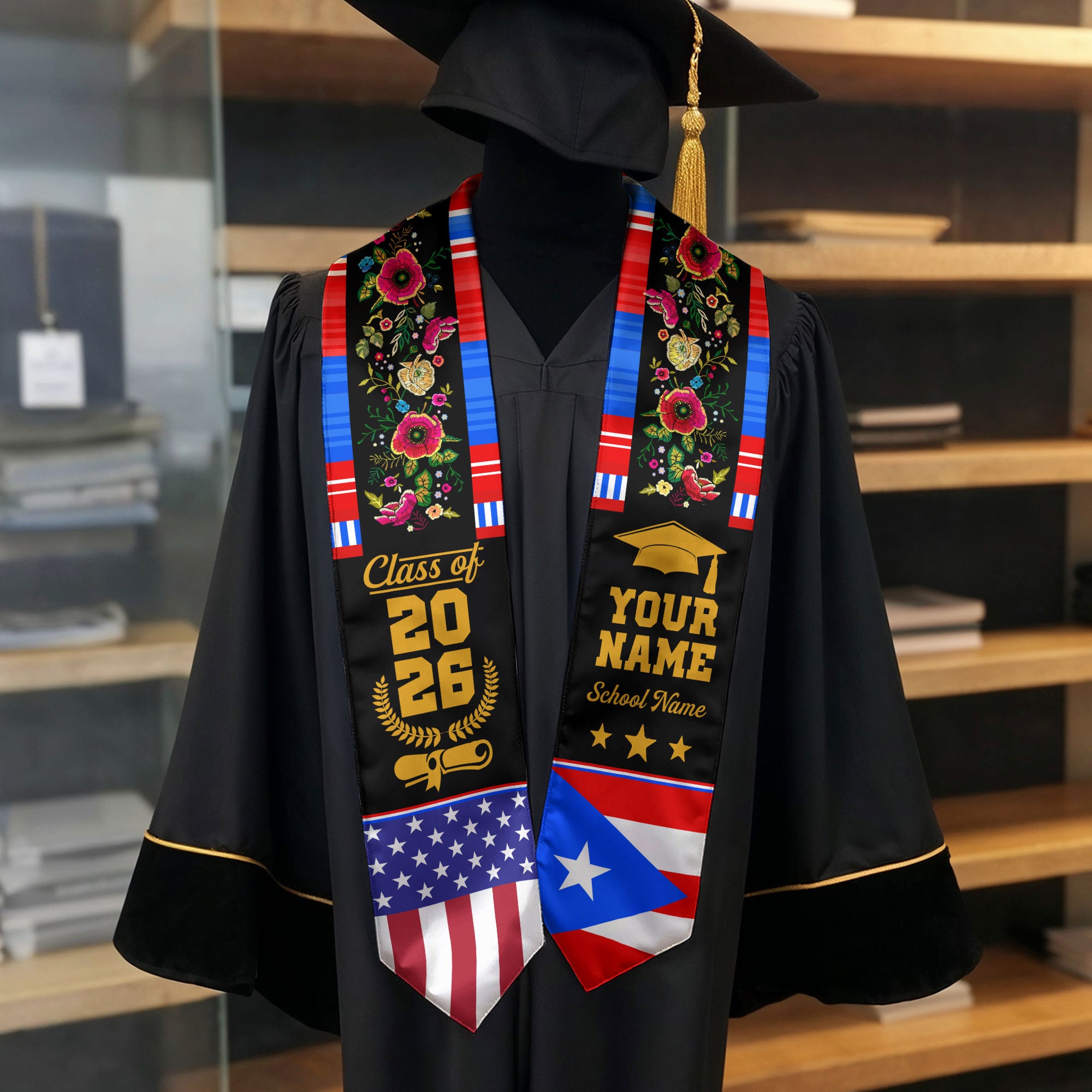 Puerto Rico Graduation Sash 2026, Puerto Rican Flag Stole, Personal Detail Option