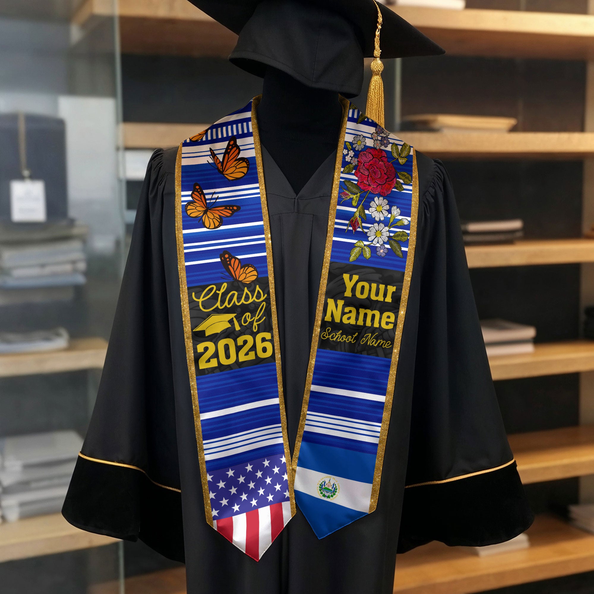 2026 El Salvador Flag Graduation Sash, El Salvador Stole, Personal Detail Option
