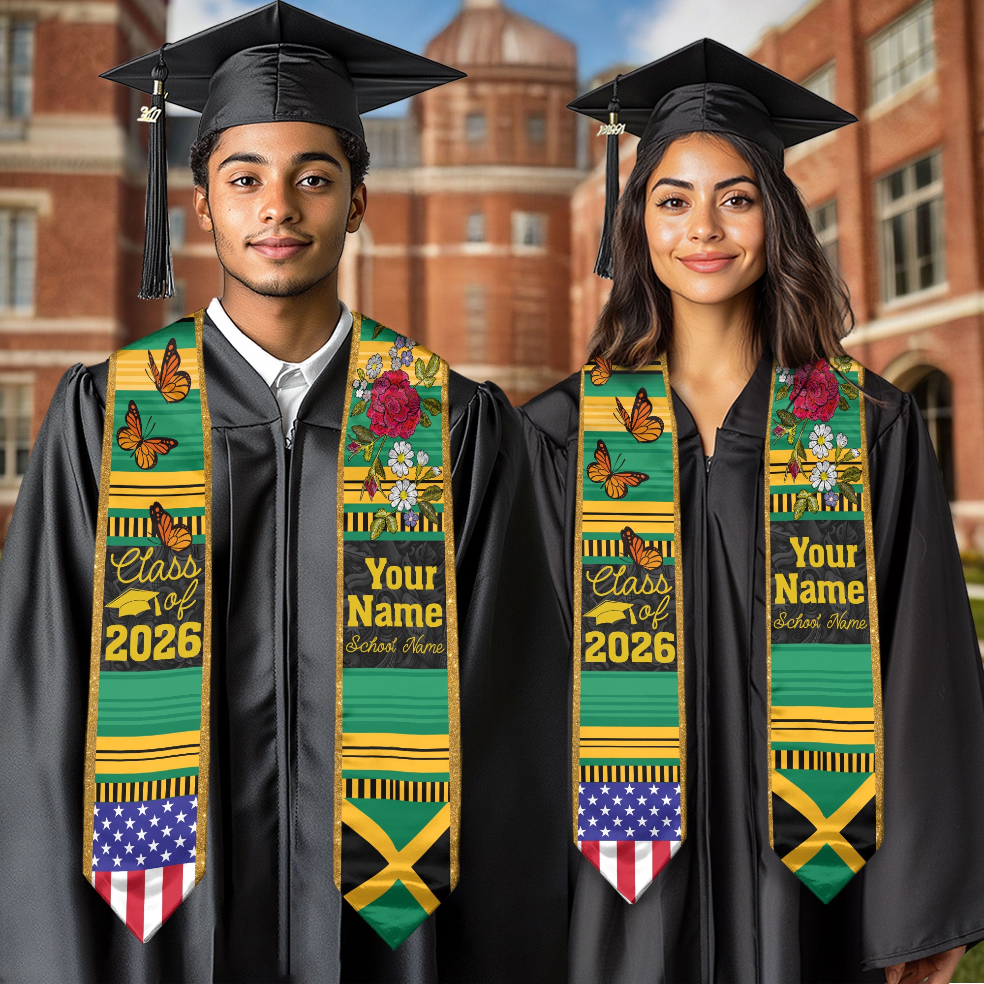 2026 Jamaica Flag Graduation Sash, Jamaica Stole, Optional Personalized Detail
