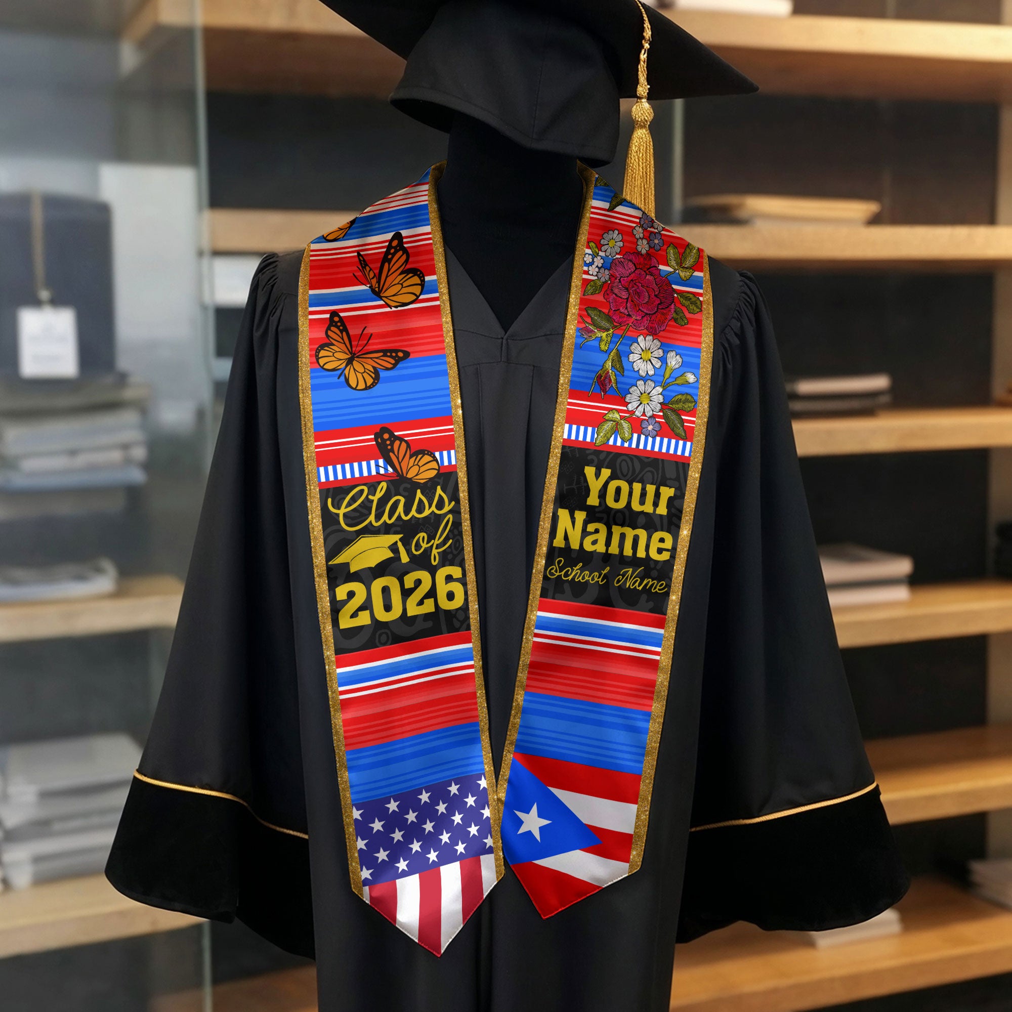 2026 Puerto Rico Flag Graduation Stole, Puerto Rican Sash, Personalized Detail