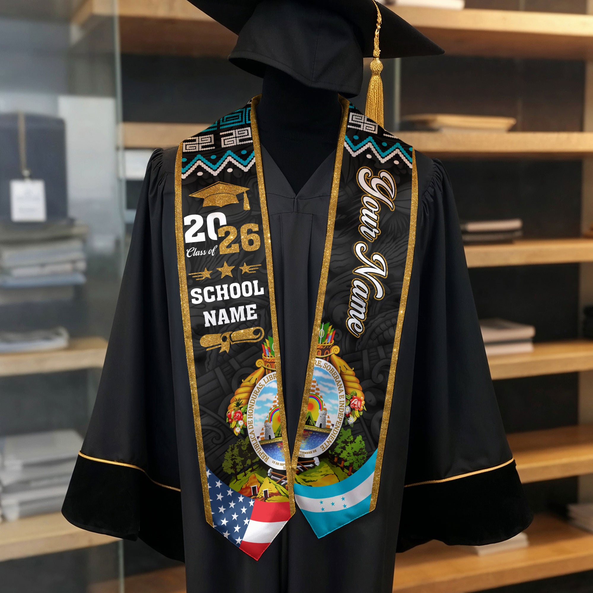 Honduras Flag Sash 2026, Honduras Graduation Stole, Custom Detail Option
