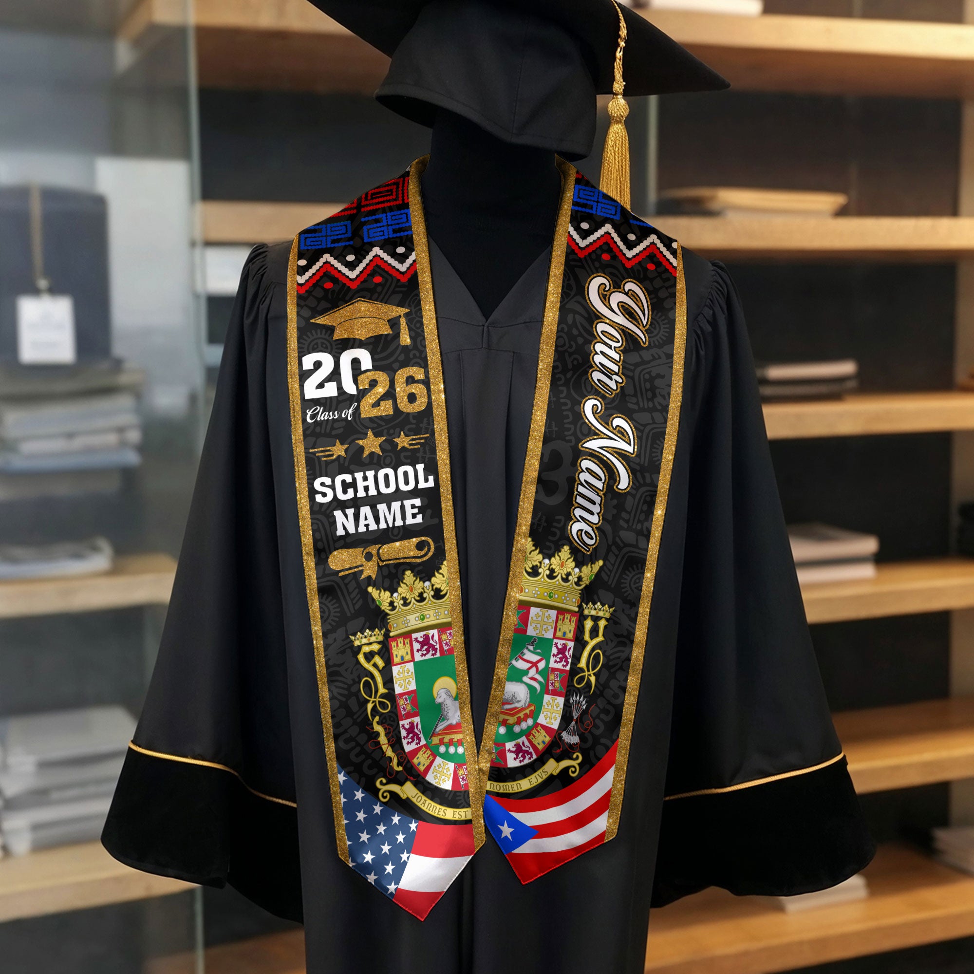 Puerto Rico Graduation Stole 2026, Puerto Rican Flag Sash, Add Your Personal Detail