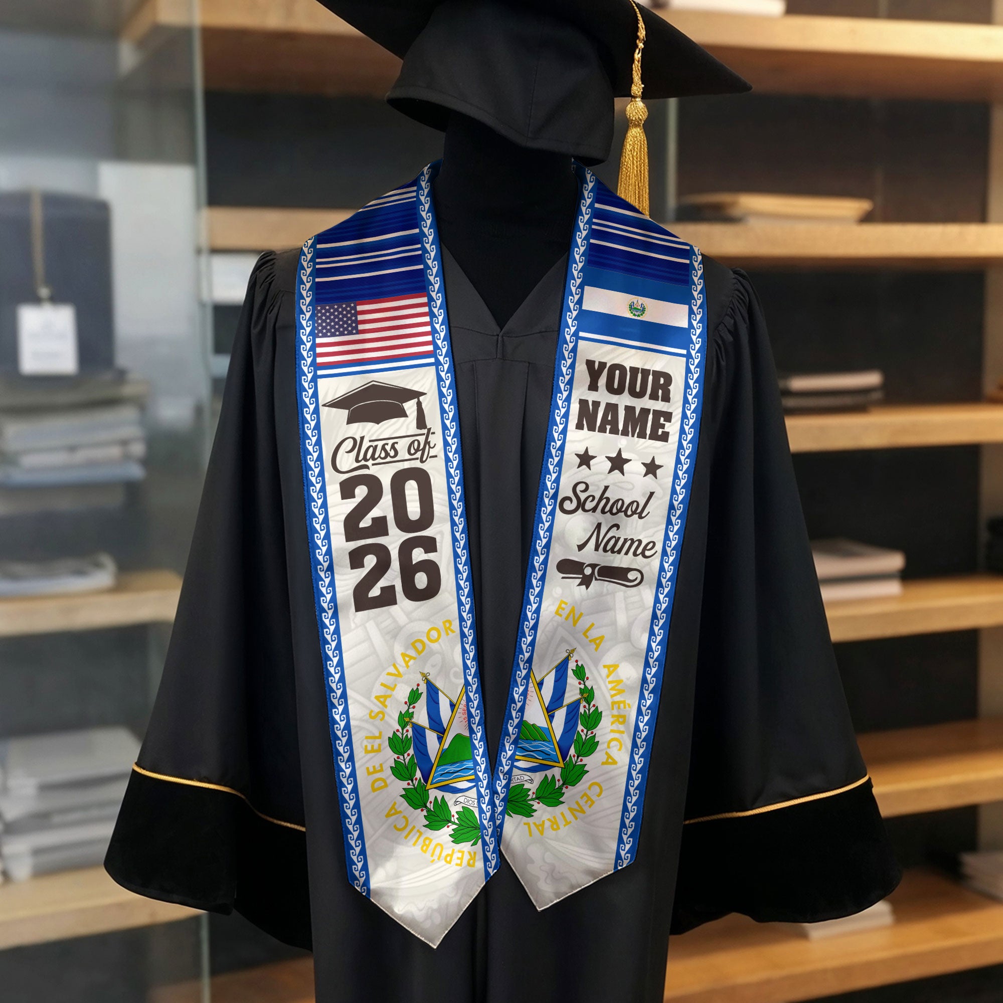 2026 El Salvador Graduation Stole, El Salvador Flag Sash, Personal Detail Option