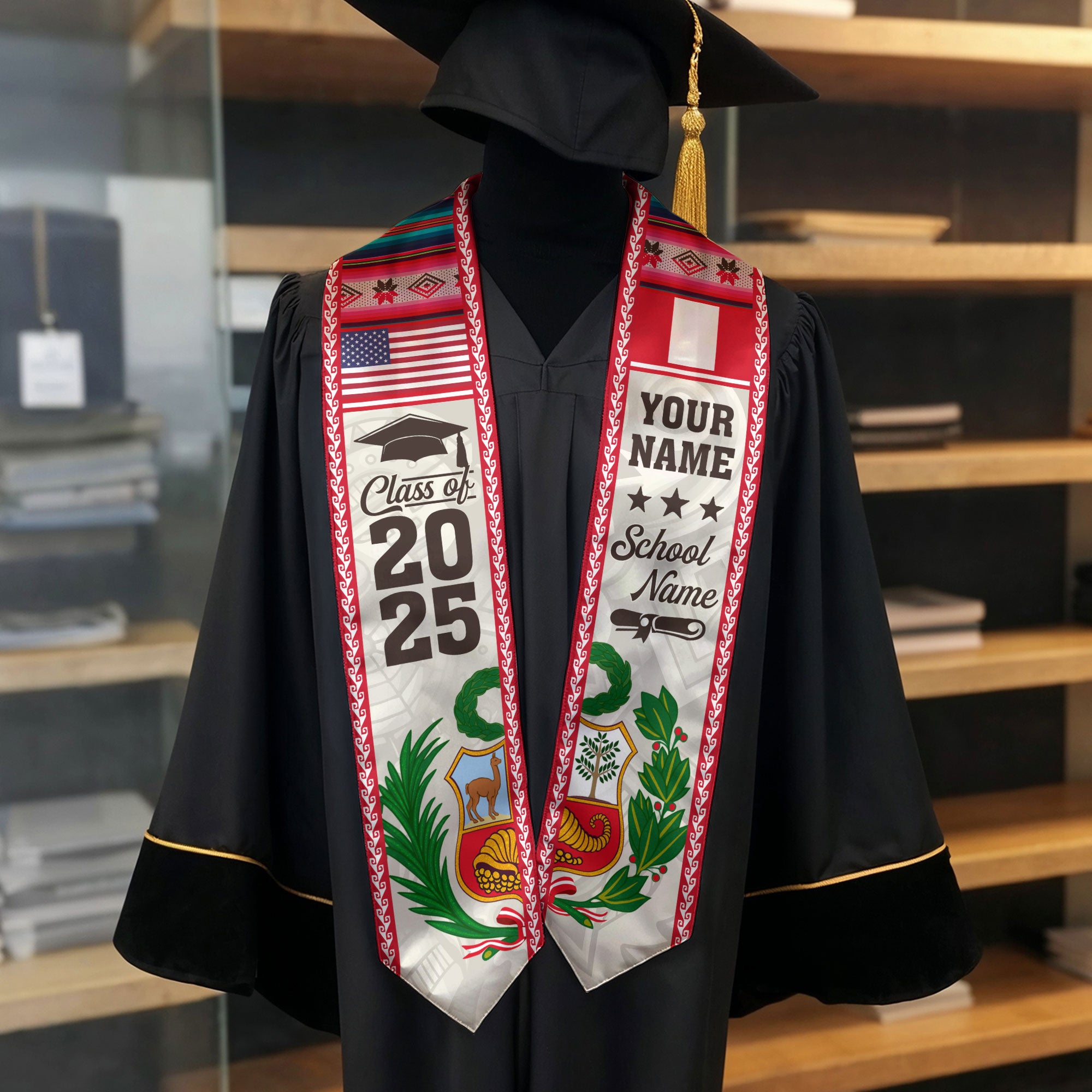 Customized Peru American Graduation Stole, Peru Flag Graduation Sash, Class of 2026