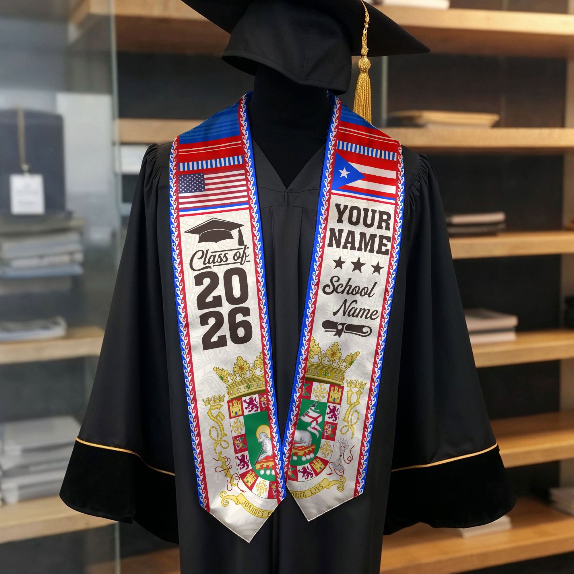 2026 Puerto Rico Flag Sash, Graduation Stole, Personal Detail Option for Grads