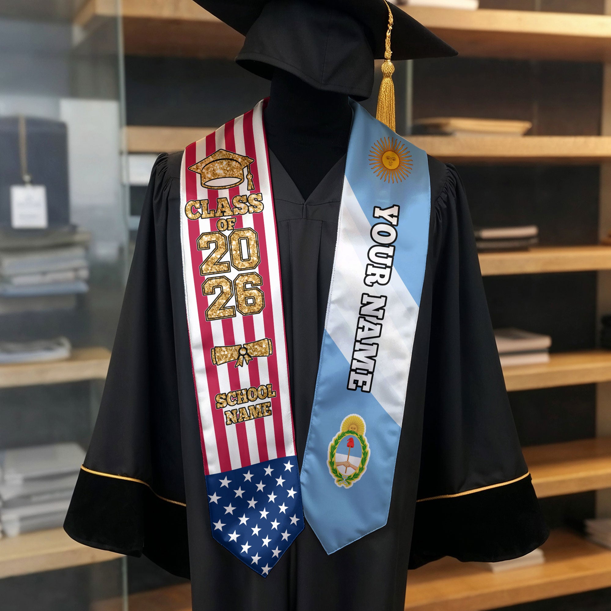 Customized Argentina Graduation Stole with National Flag Accent, Graduation Sash 2026, Class of 2026